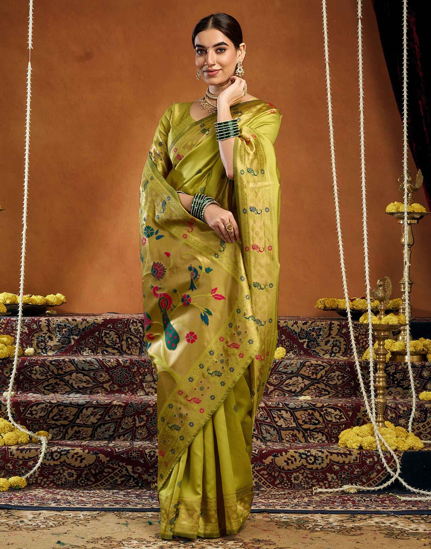 Lime Green Silk Woven Paithani Saree