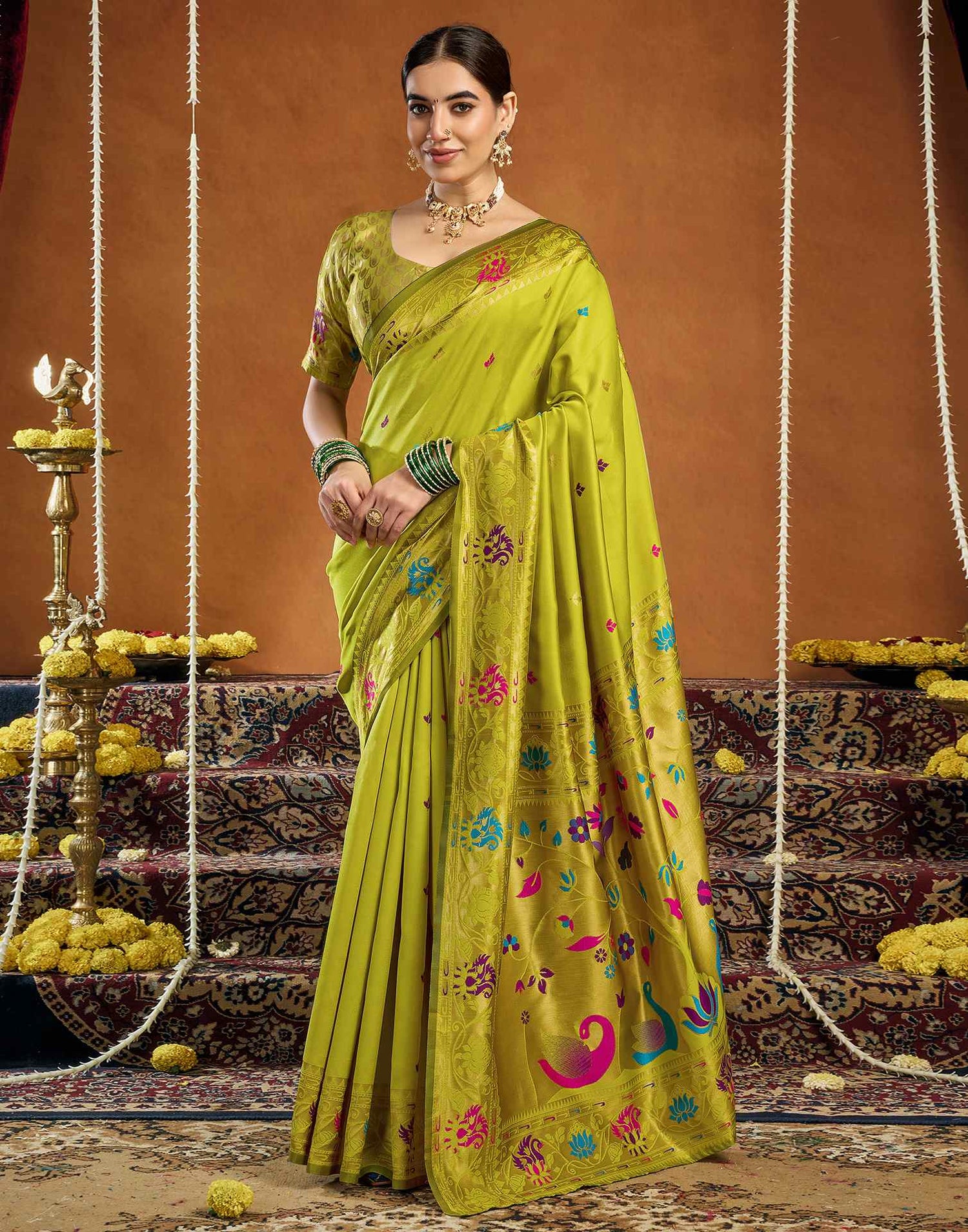 Lime Green Silk Woven Paithani Saree