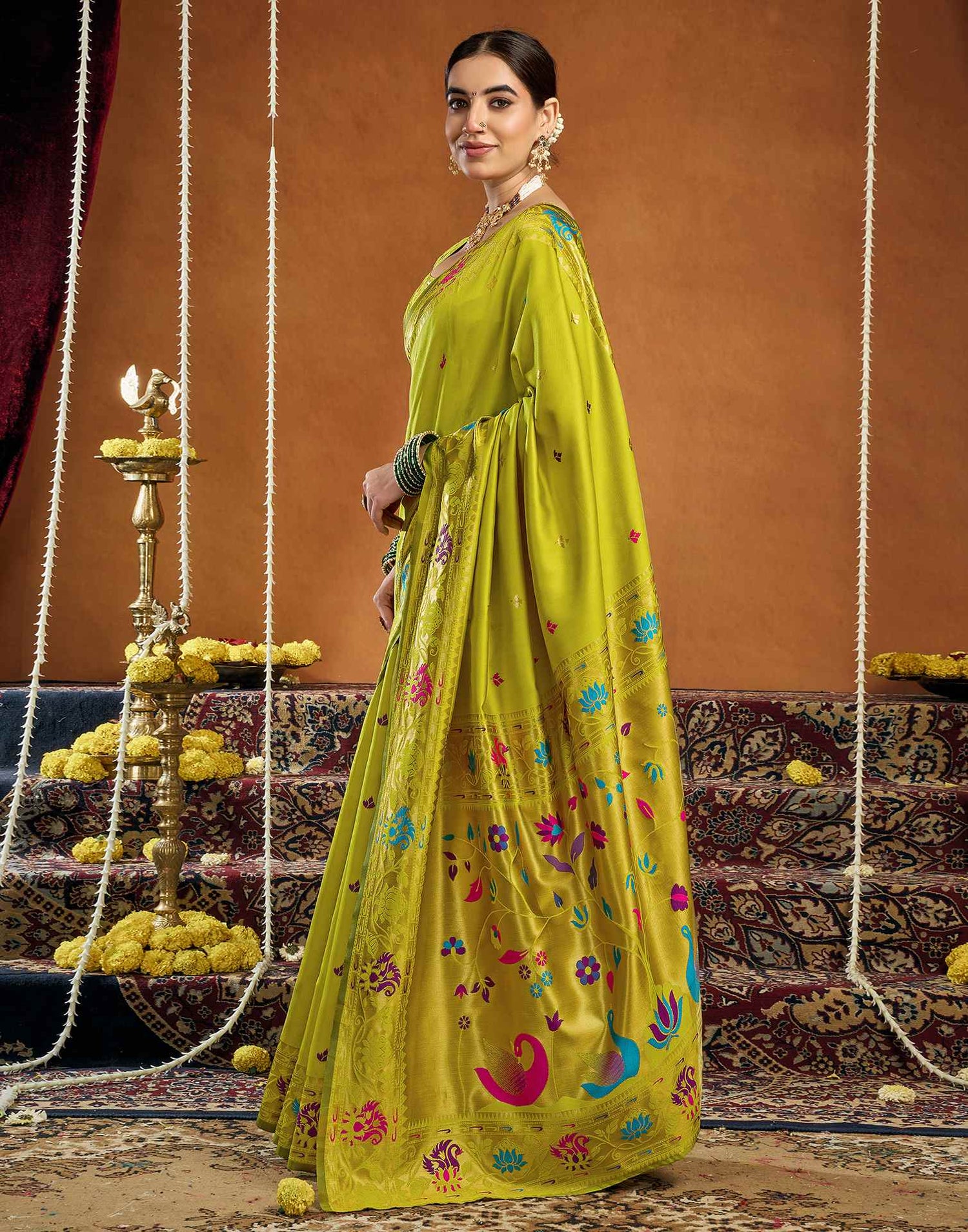Lime Green Silk Woven Paithani Saree