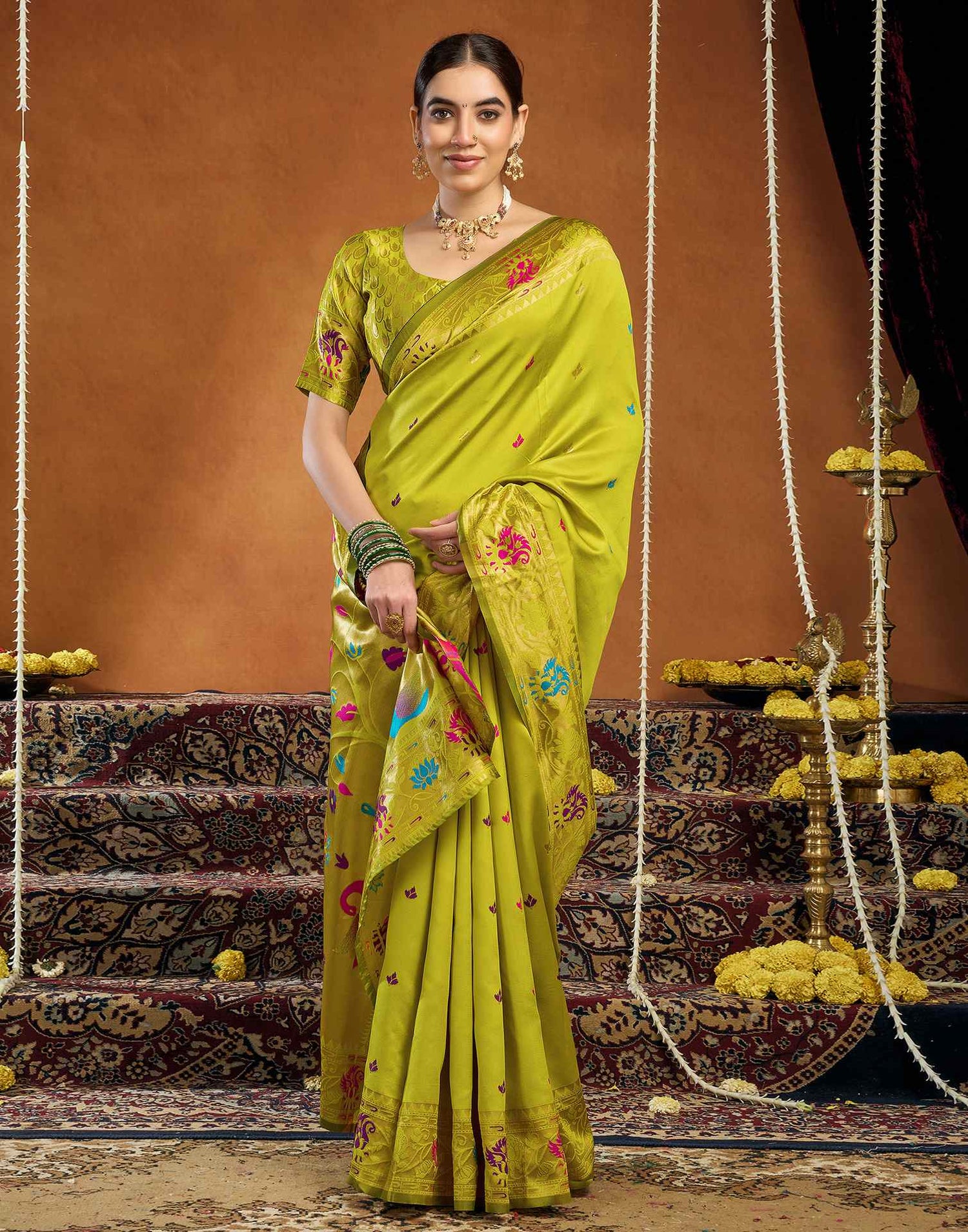 Lime Green Silk Woven Paithani Saree