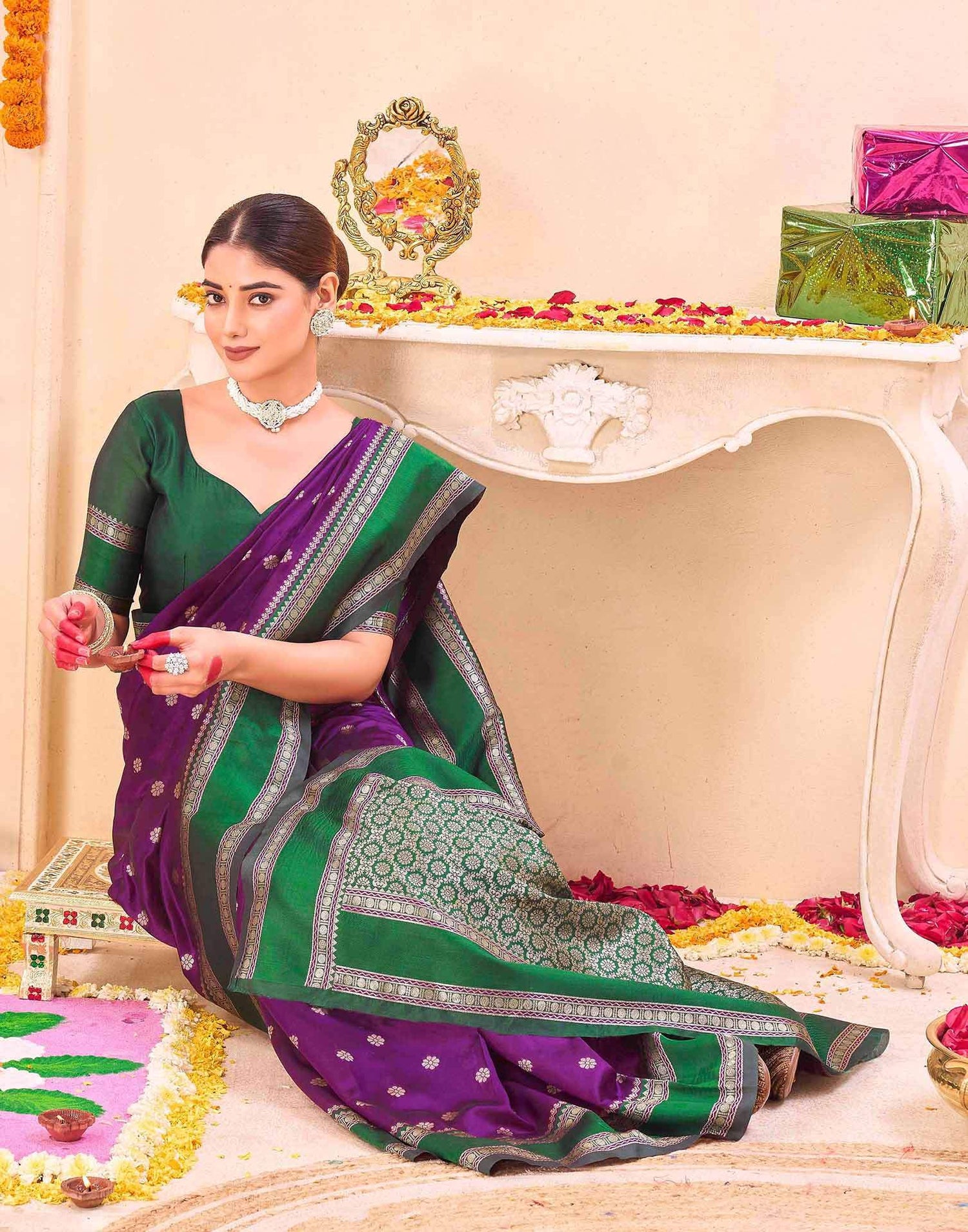 Dark Purple Silk Woven Banarasi Saree