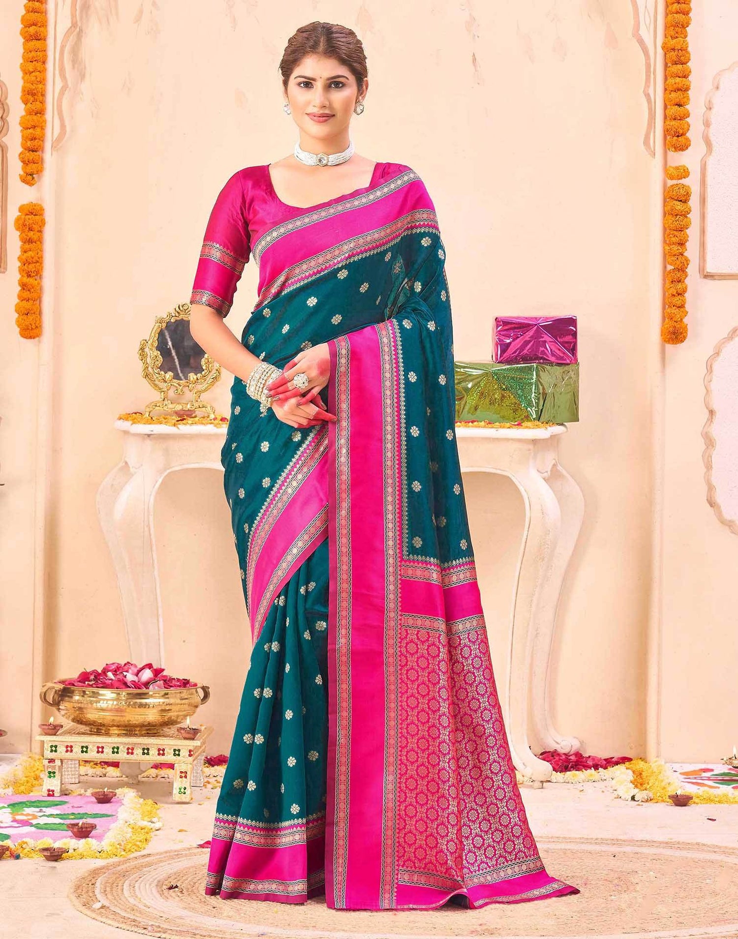 Rama Blue Silk Woven Banarasi Saree