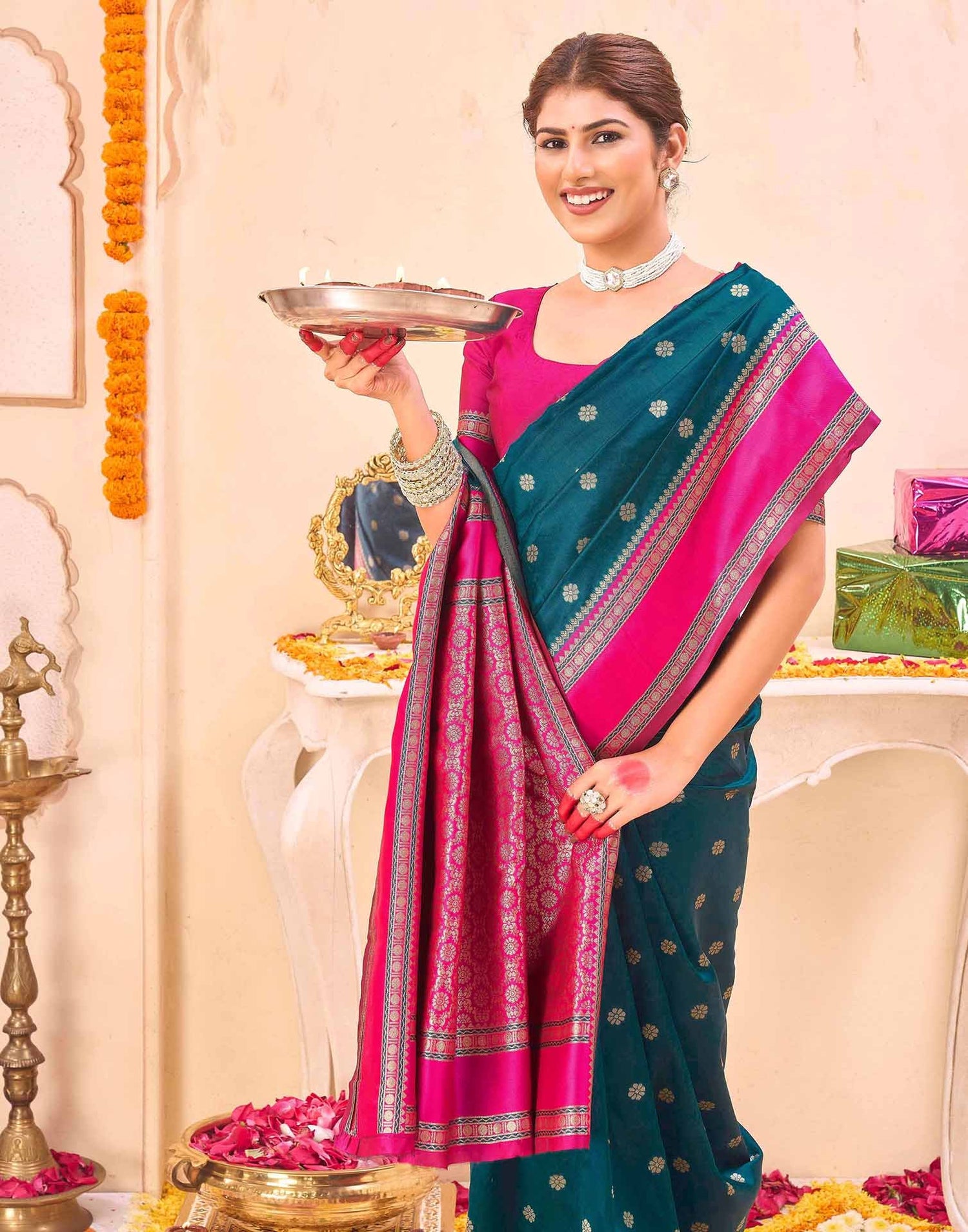 Rama Blue Silk Woven Banarasi Saree