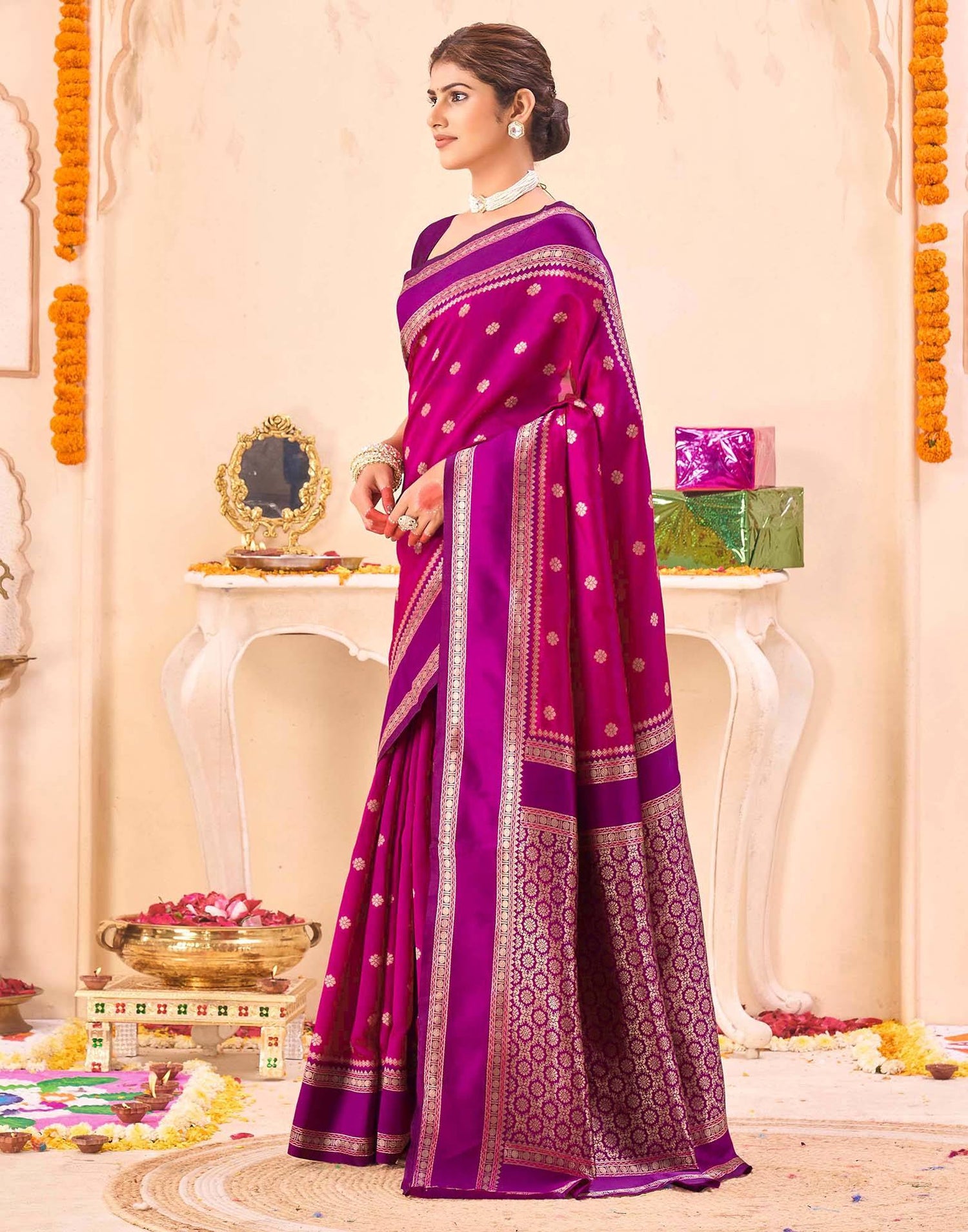 Magenta Silk Woven Banarasi Saree