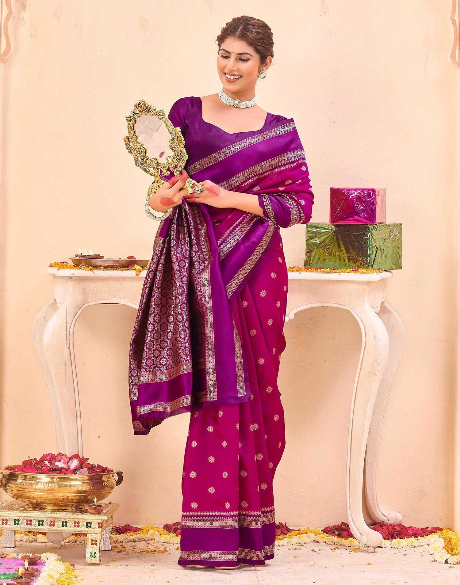 Magenta Silk Woven Banarasi Saree