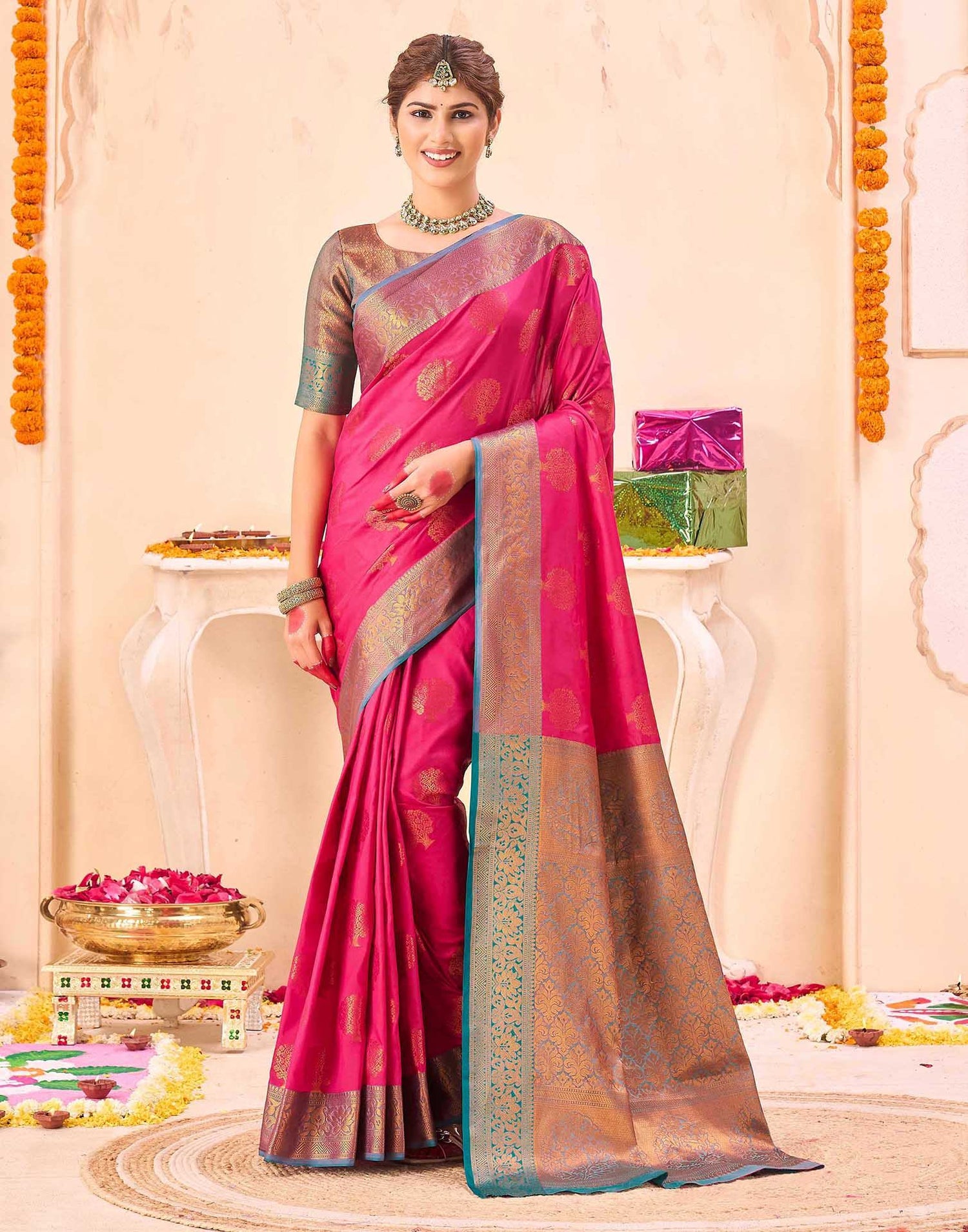 Pink Silk Woven Banarasi Saree
