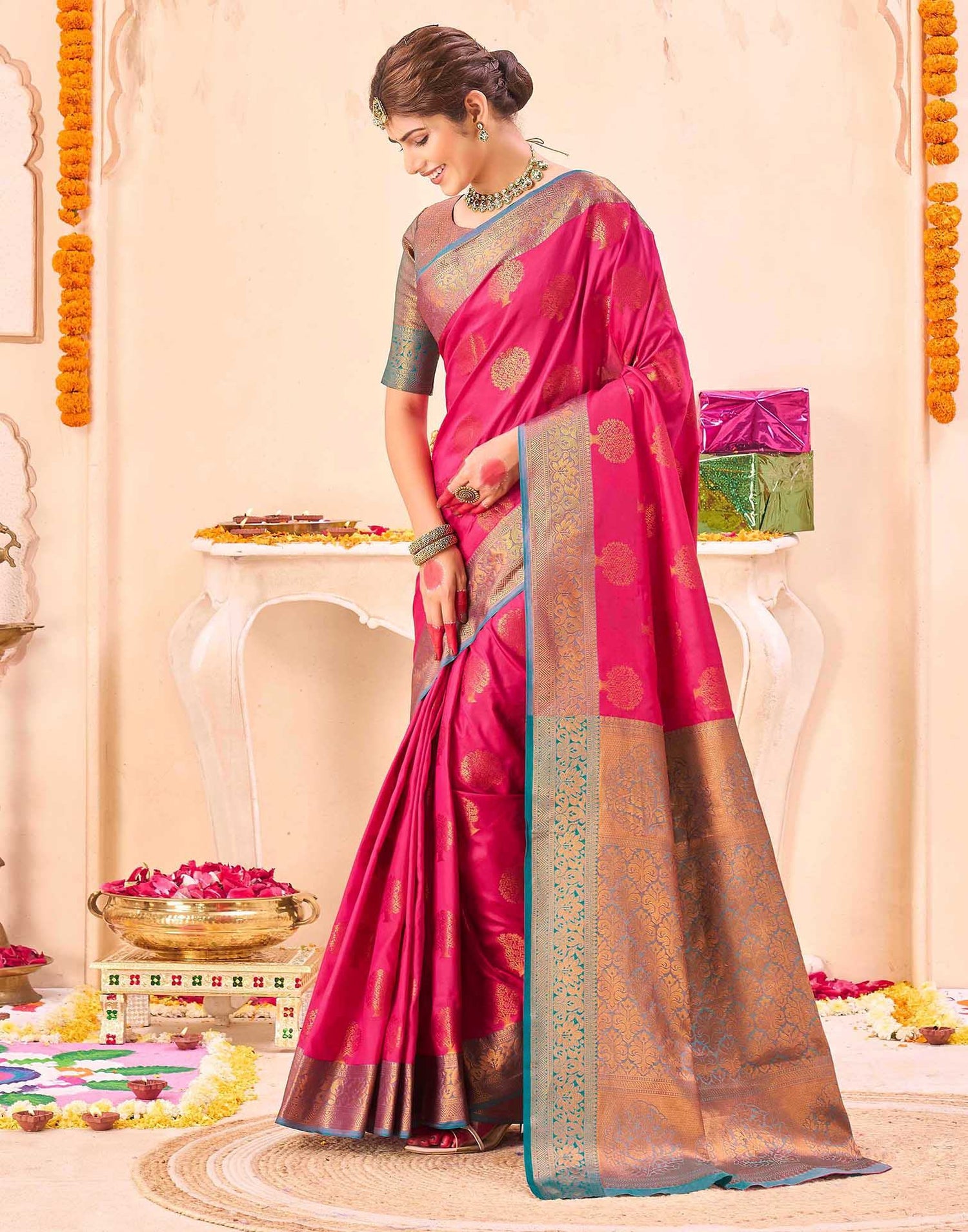 Pink Silk Woven Banarasi Saree
