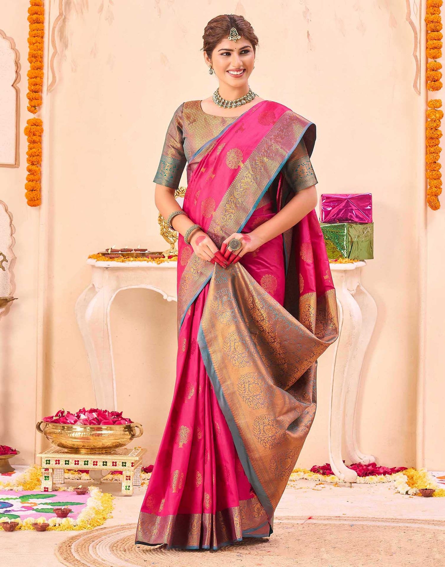 Pink Silk Woven Banarasi Saree