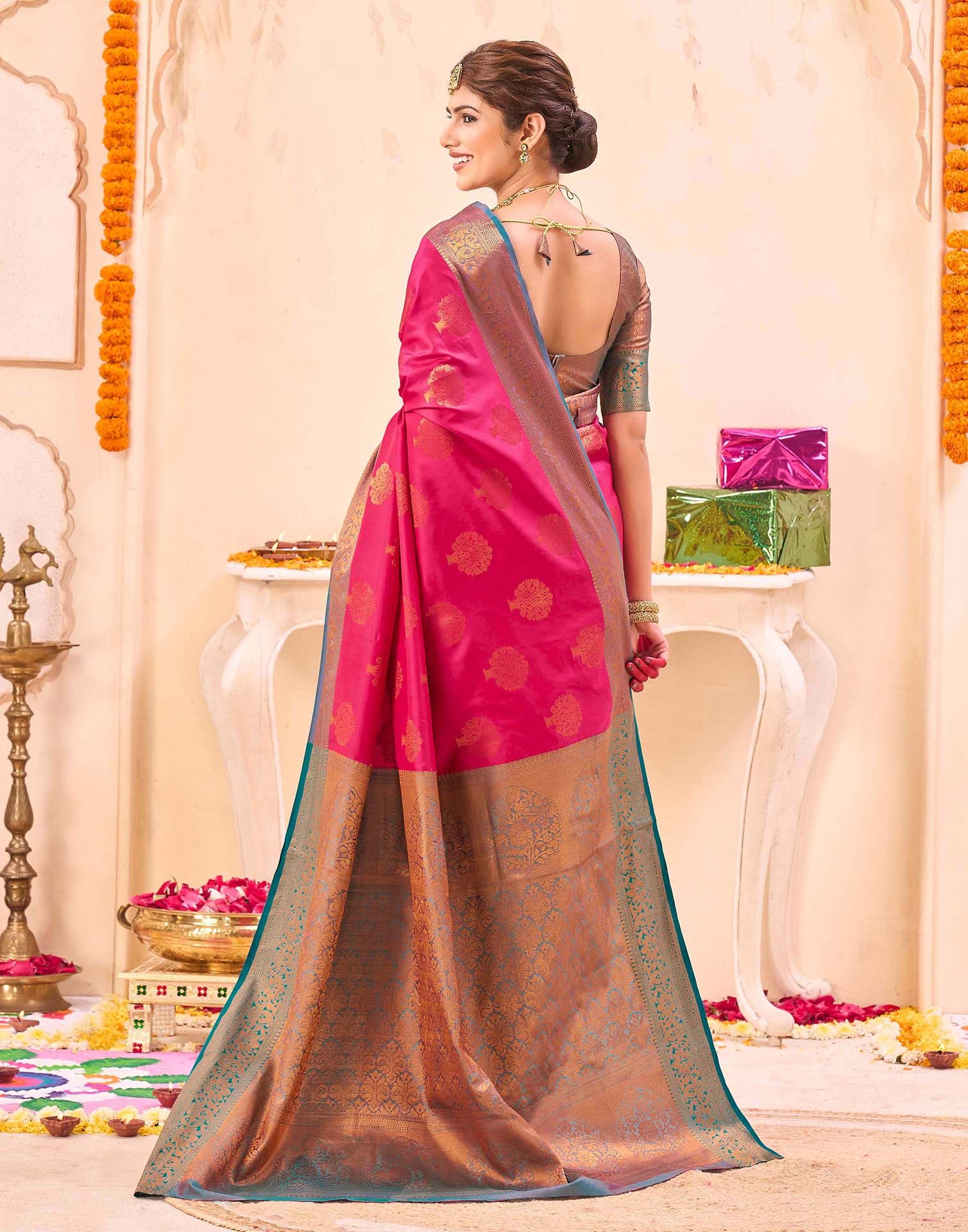 Pink Silk Woven Banarasi Saree