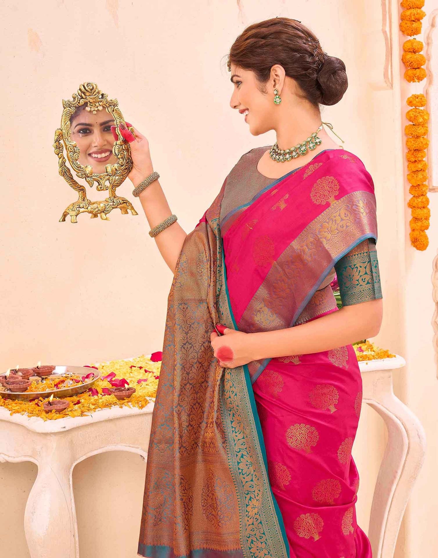 Pink Silk Woven Banarasi Saree