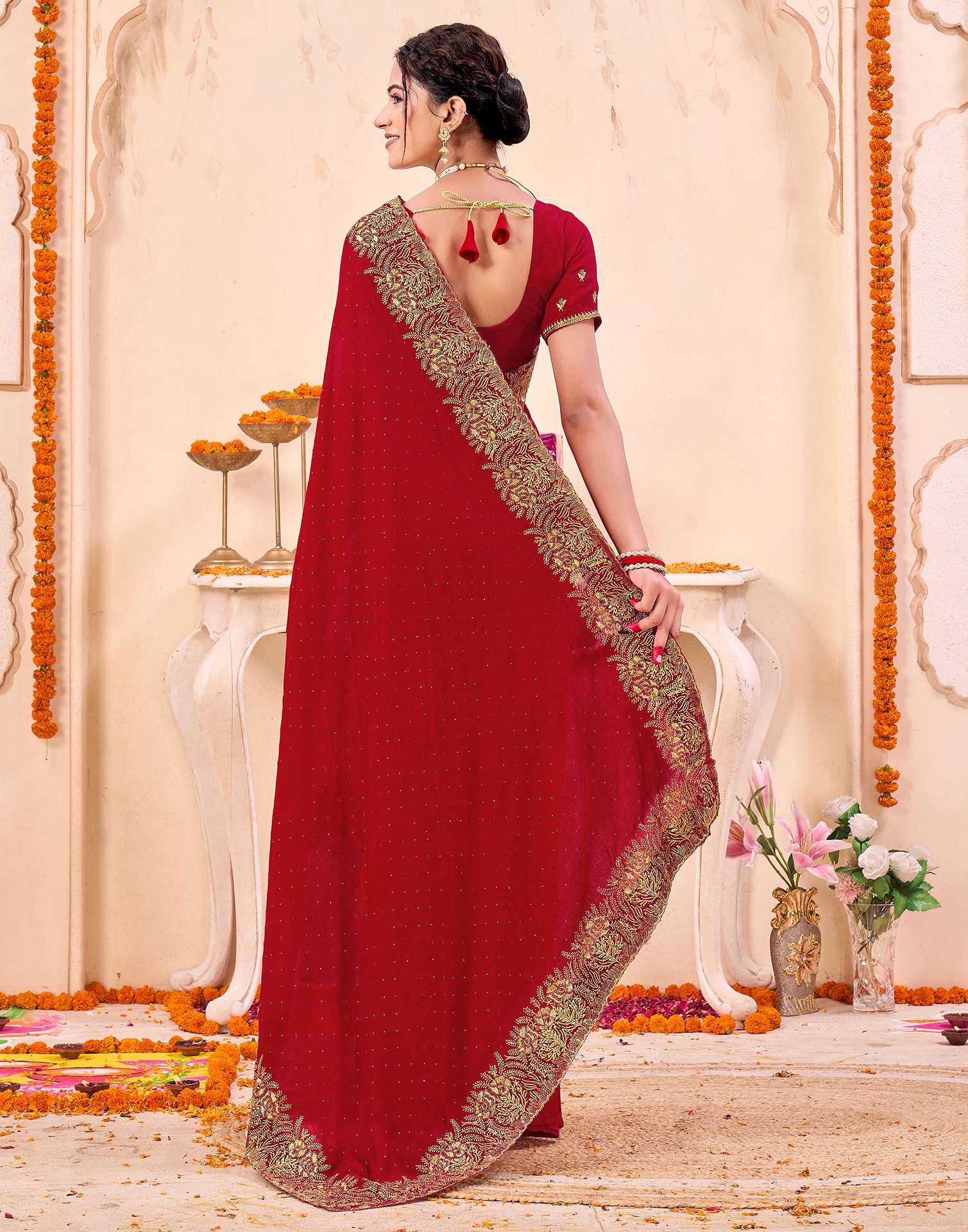 Red Silk Embroidery Embellished Saree