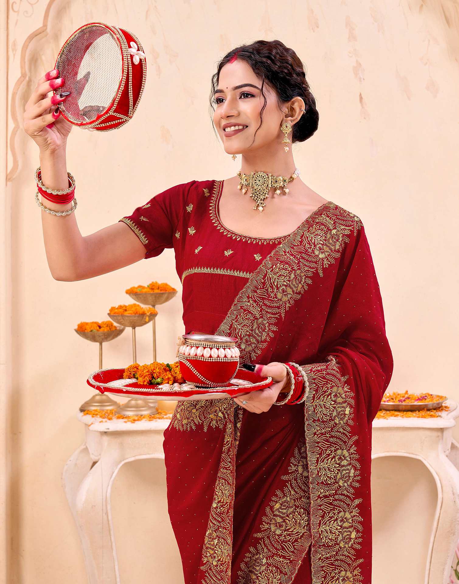 Red Silk Embroidery Embellished Saree