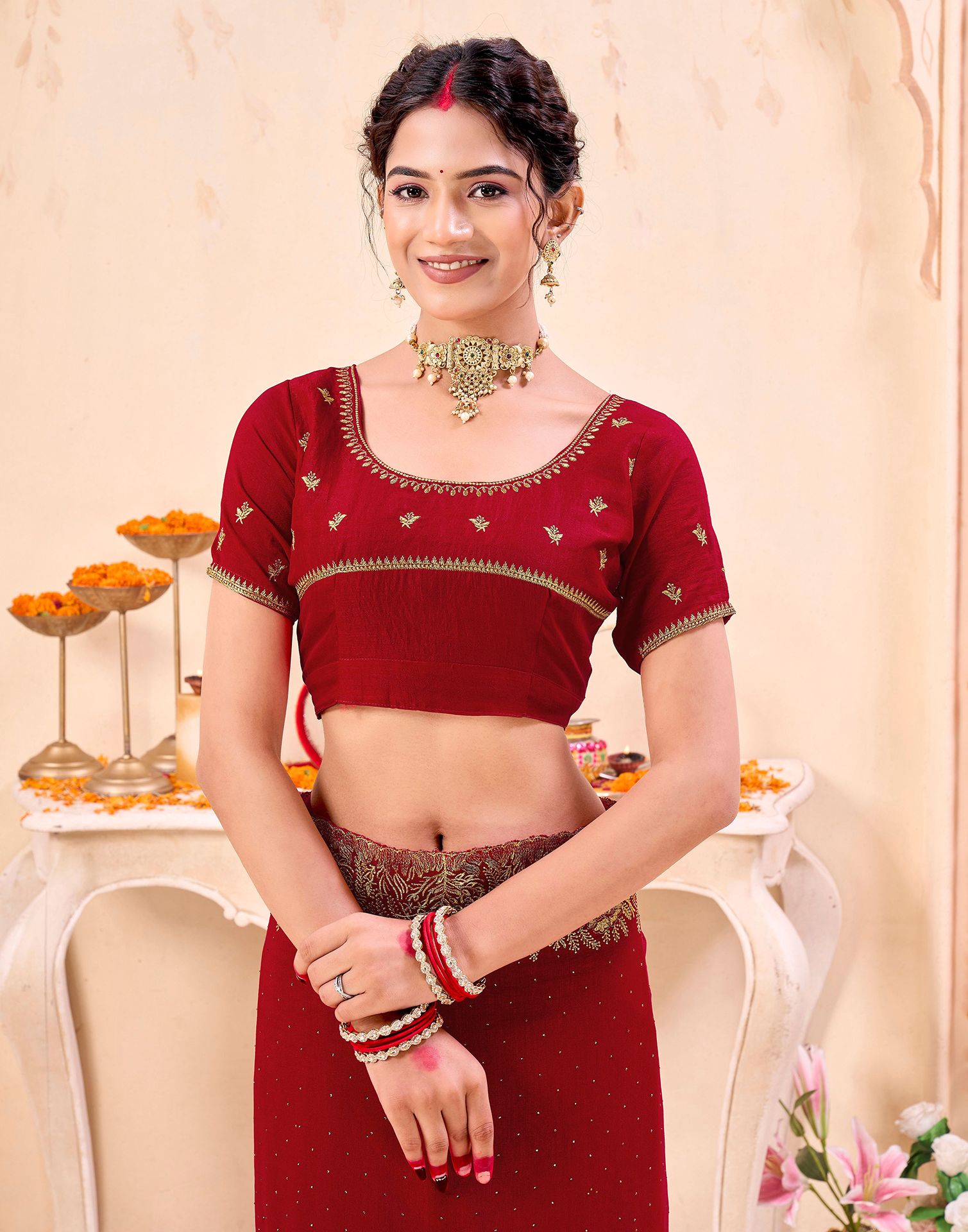 Red Silk Embroidery Embellished Saree