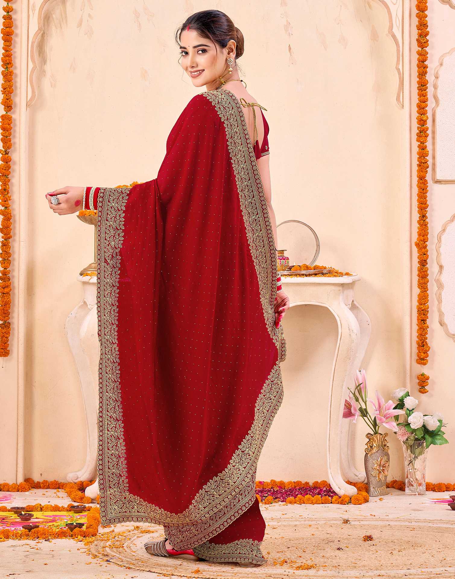 Red Silk Embroidery Embellished Saree