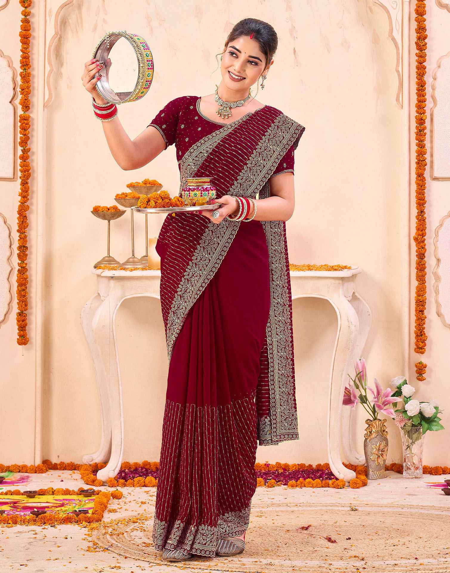 Dark Red Silk Embroidery Embellished Saree