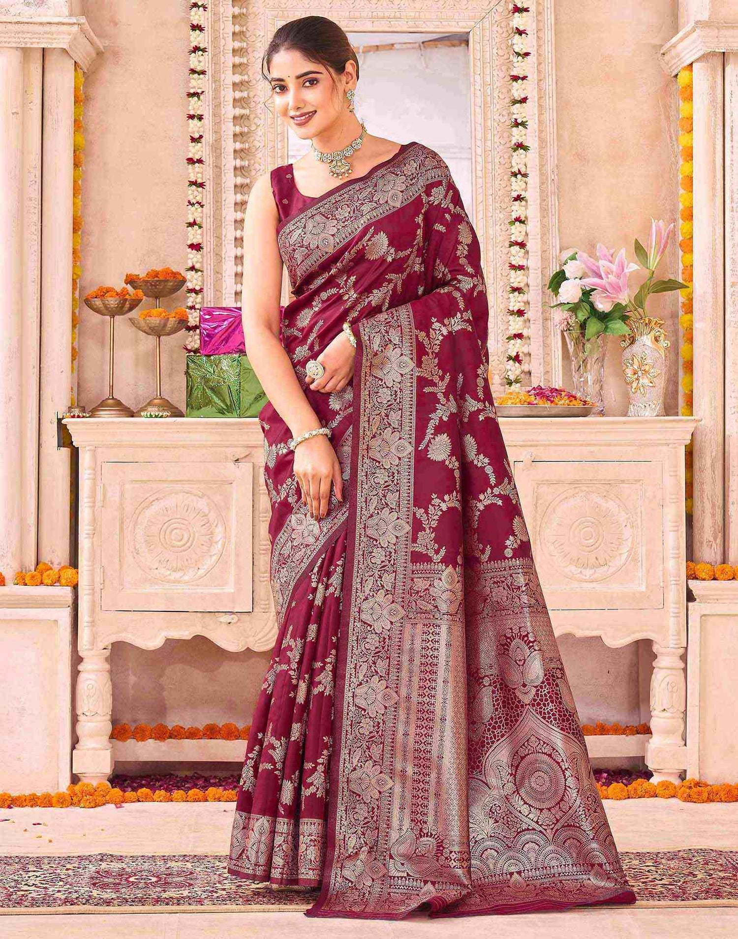 Maroon Silk Woven Banarasi Saree