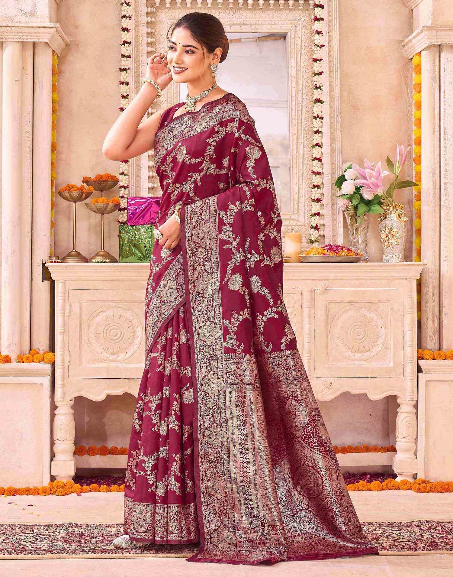 Maroon Silk Woven Banarasi Saree