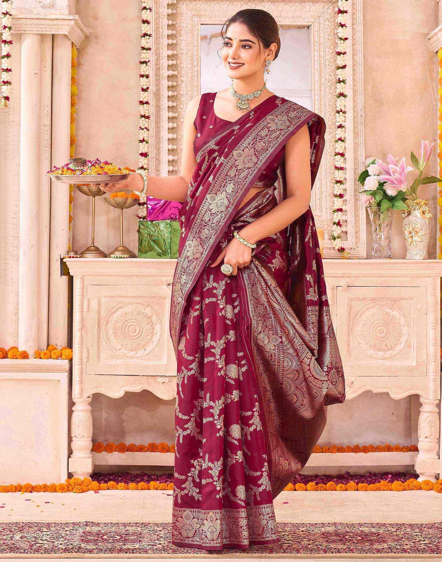 Maroon Silk Woven Banarasi Saree