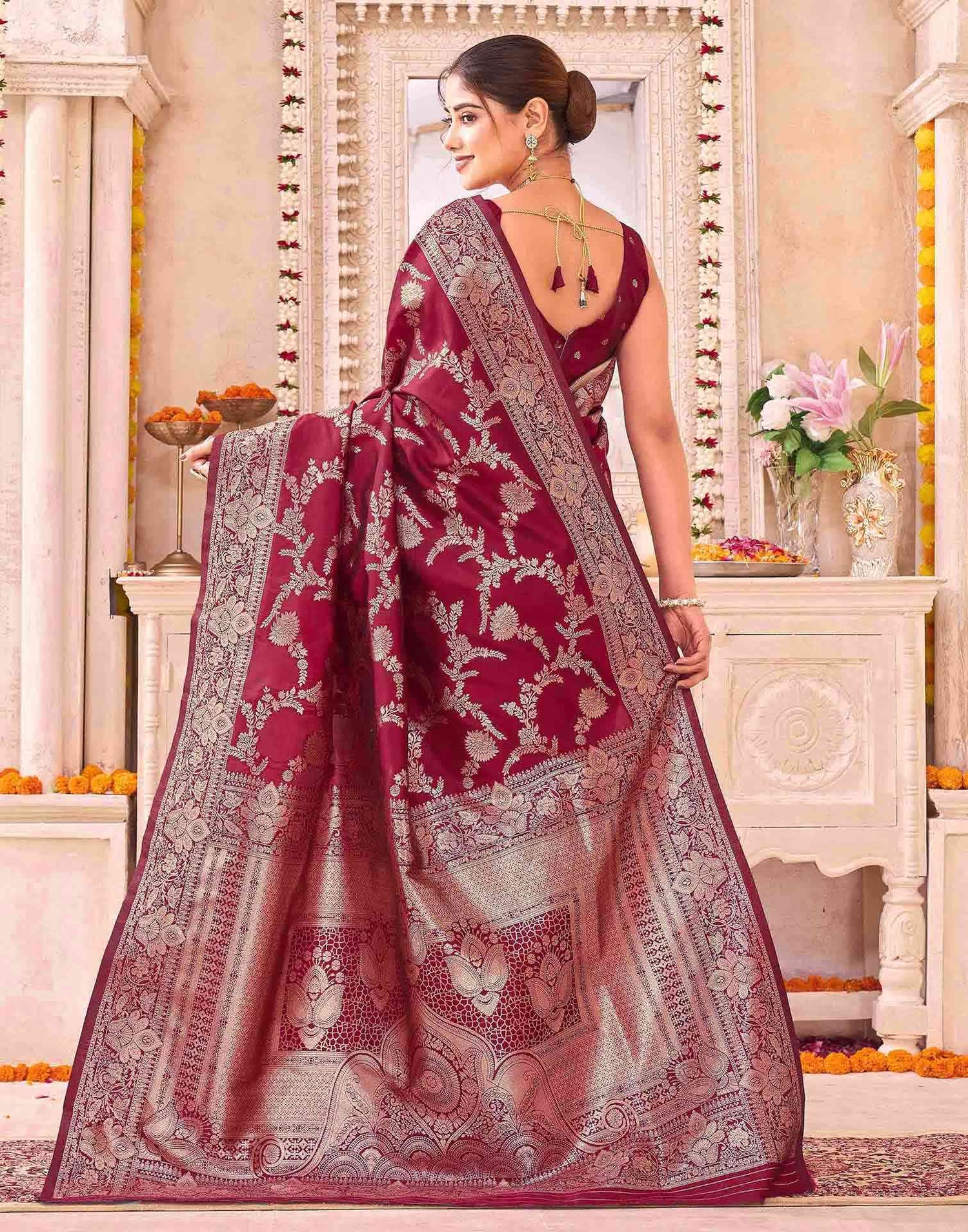 Maroon Silk Woven Banarasi Saree