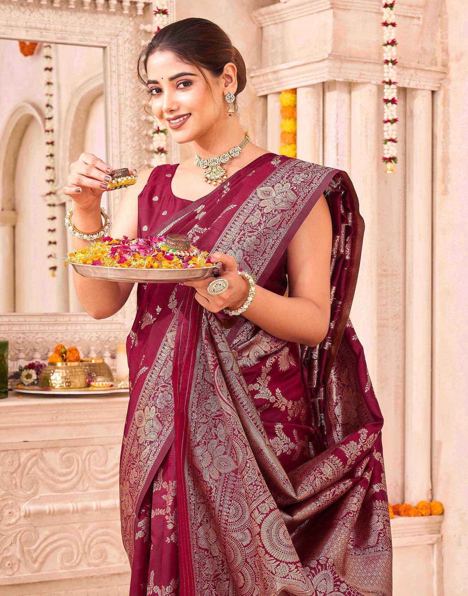Maroon Silk Woven Banarasi Saree