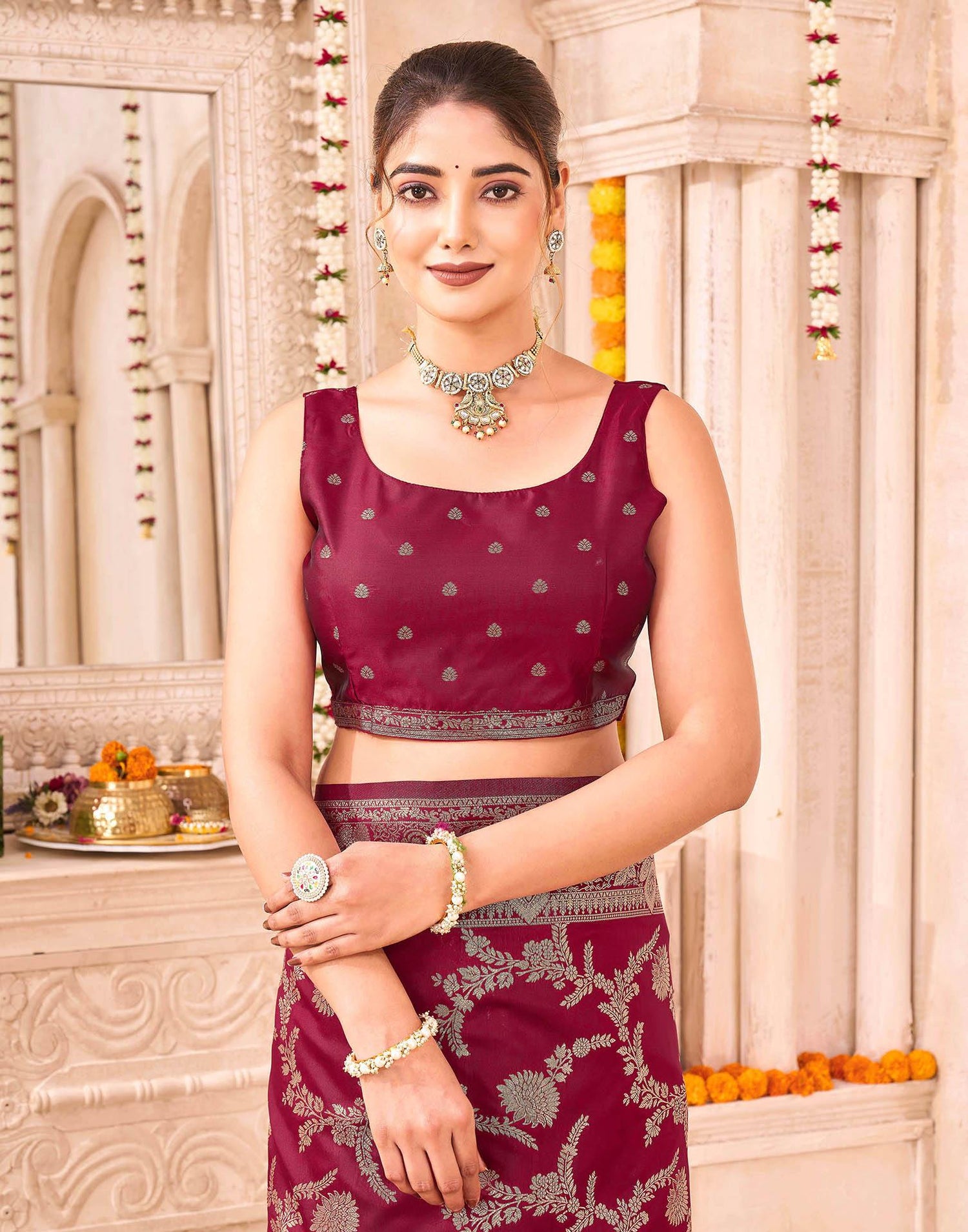 Maroon Silk Woven Banarasi Saree