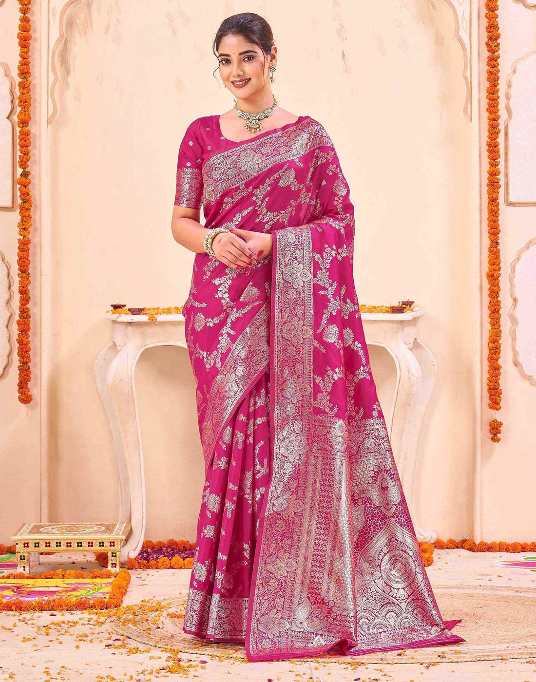 Pink Silk Woven Banarasi Saree