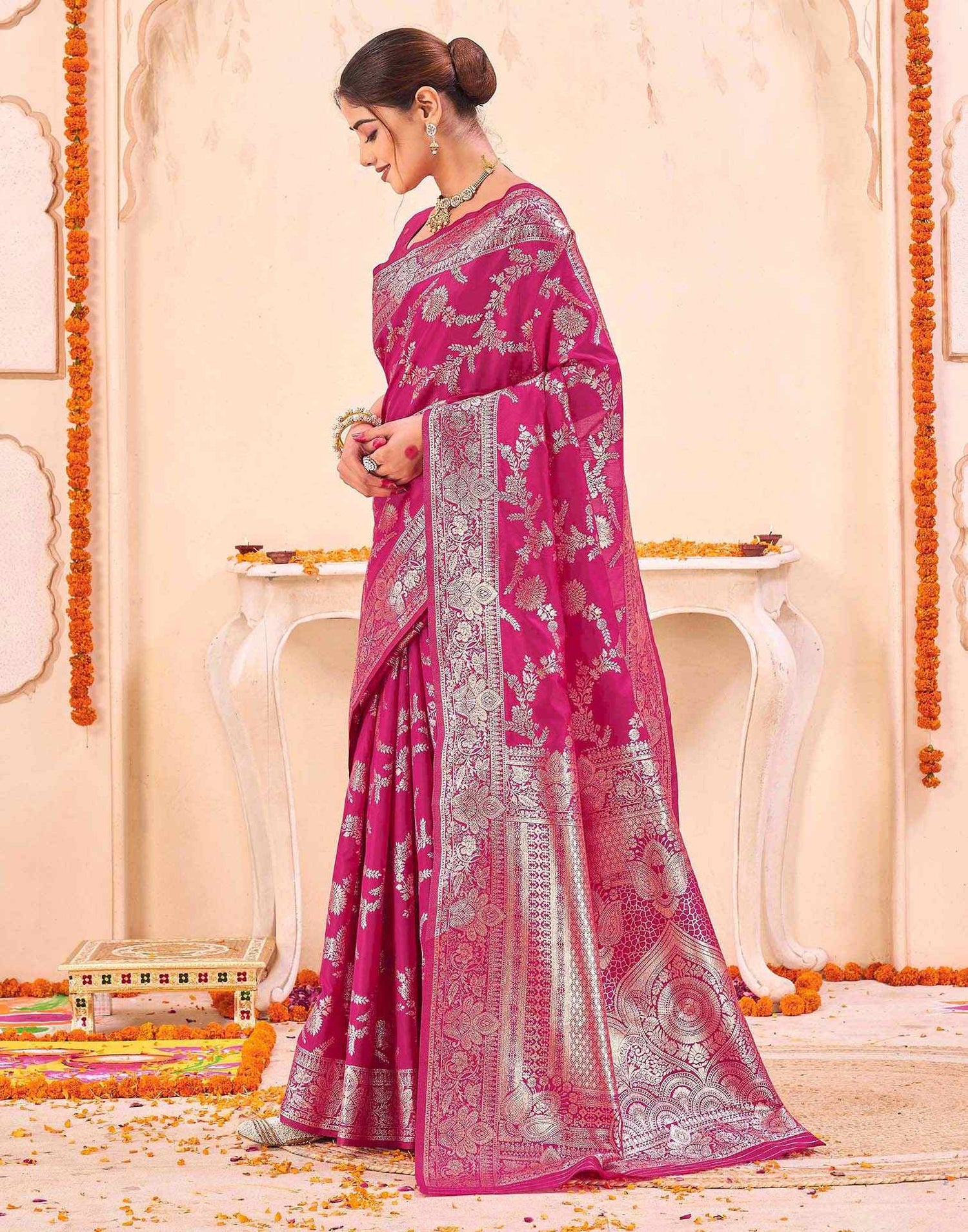 Pink Silk Woven Banarasi Saree