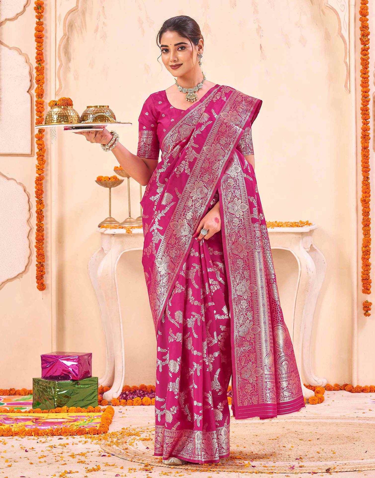 Pink Silk Woven Banarasi Saree