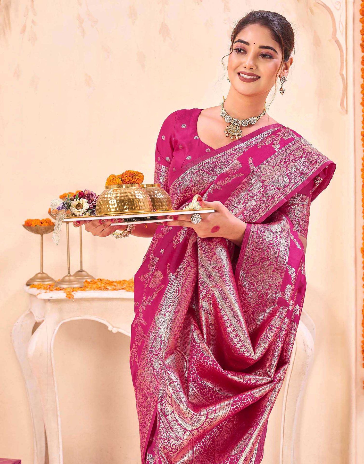 Pink Silk Woven Banarasi Saree
