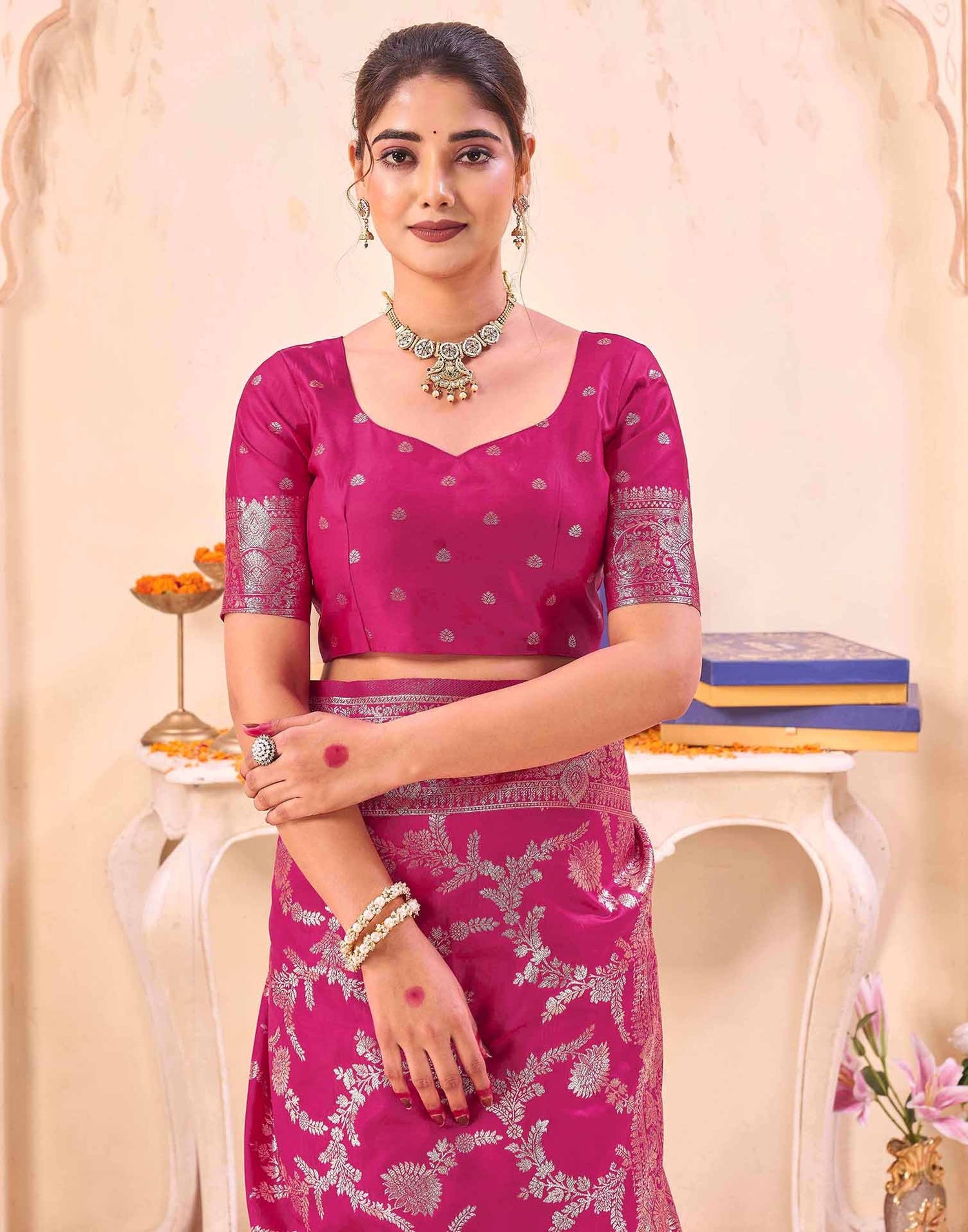 Pink Silk Woven Banarasi Saree