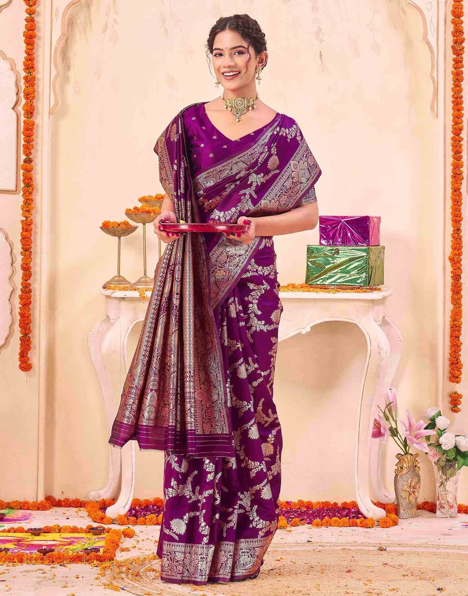 Purple Silk Woven Banarasi Saree