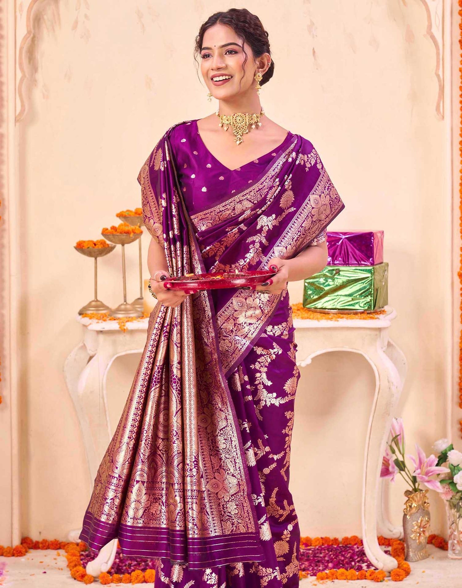 Purple Silk Woven Banarasi Saree