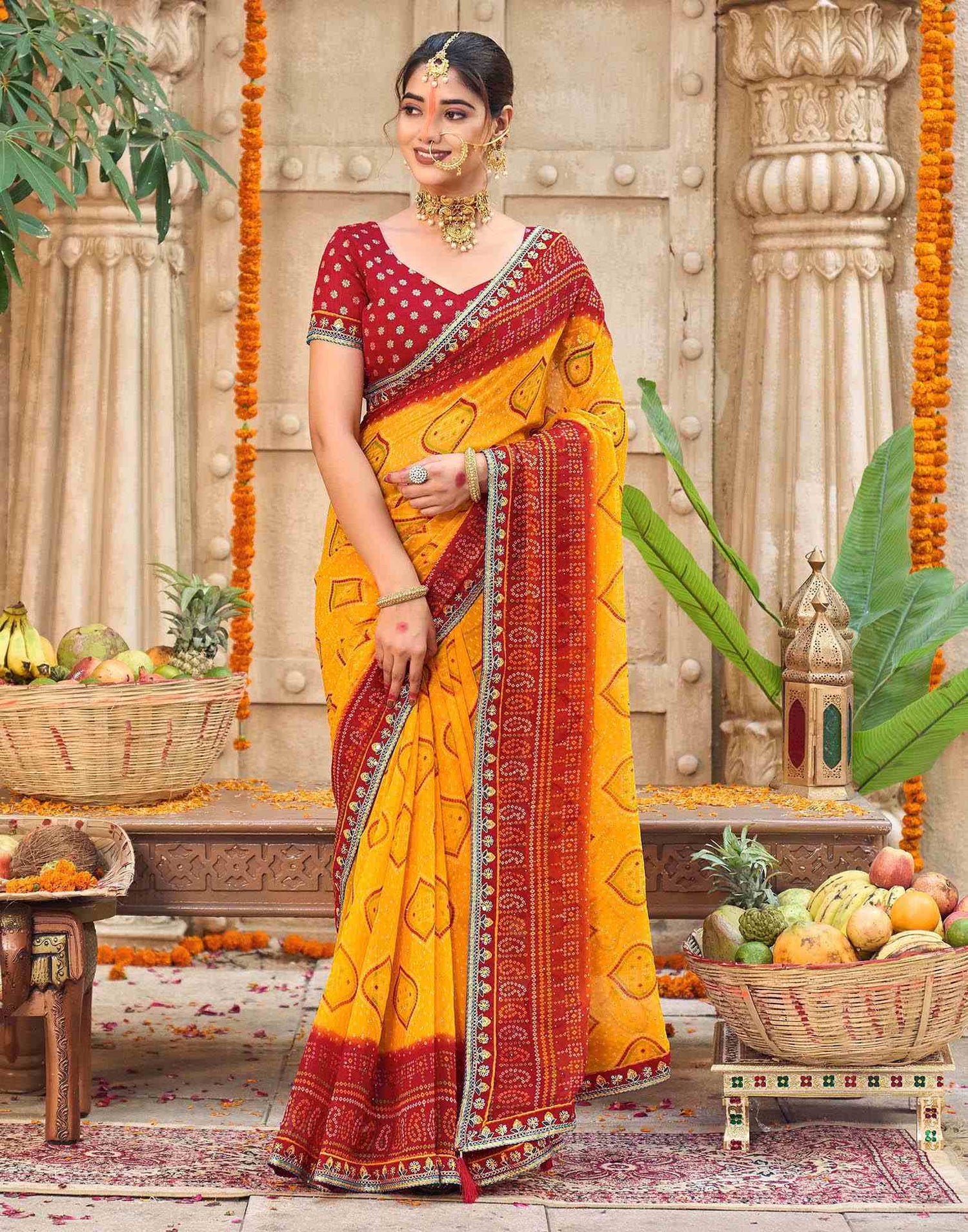 Yellow Georgette Printed Bandhani Saree