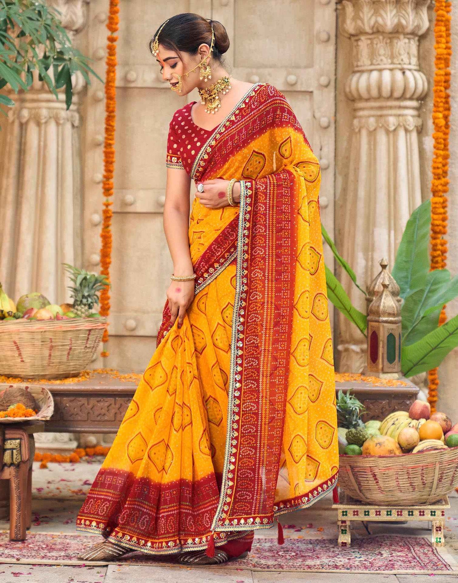 Yellow Georgette Printed Bandhani Saree
