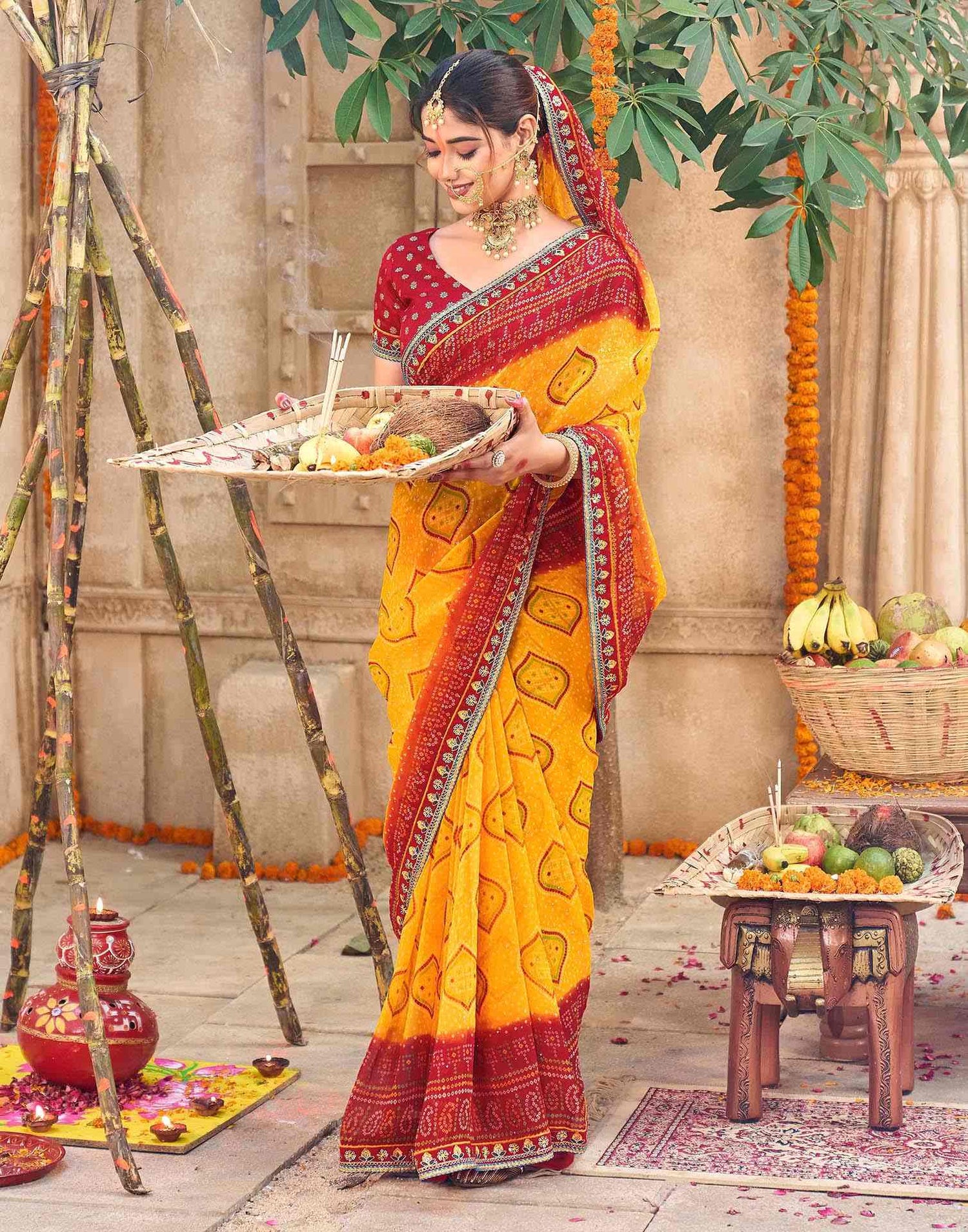 Yellow Georgette Printed Bandhani Saree