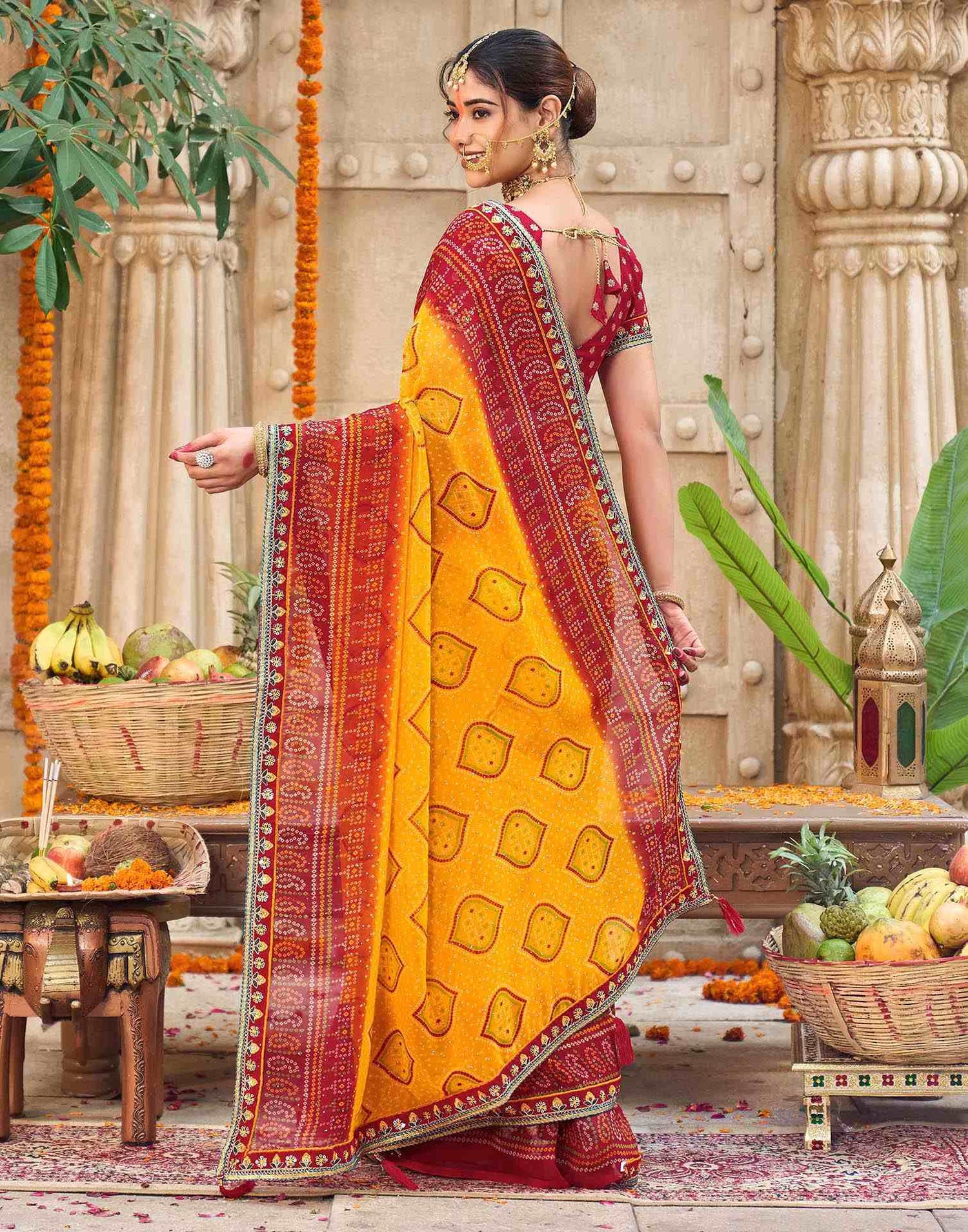 Yellow Georgette Printed Bandhani Saree