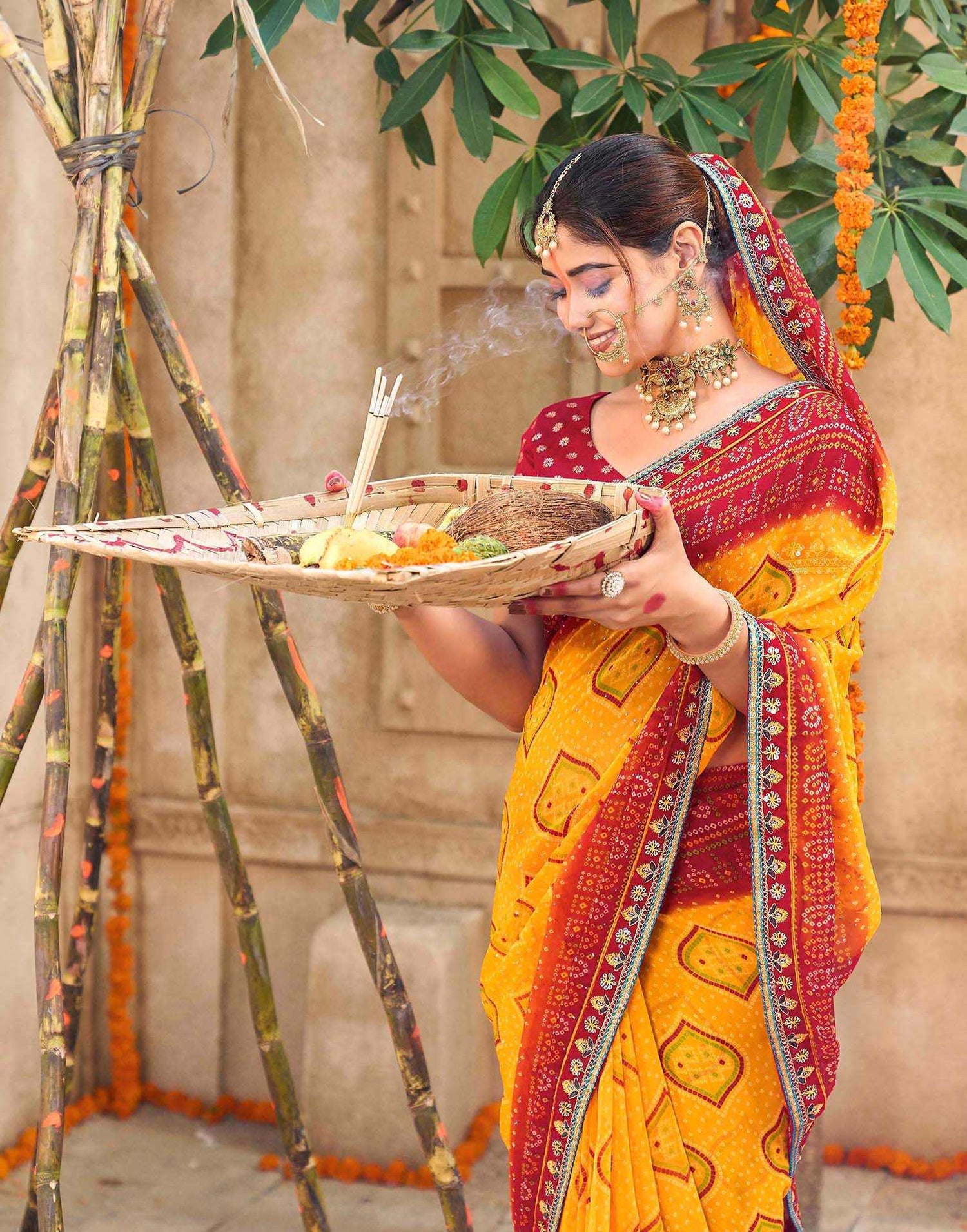 Yellow Georgette Printed Bandhani Saree