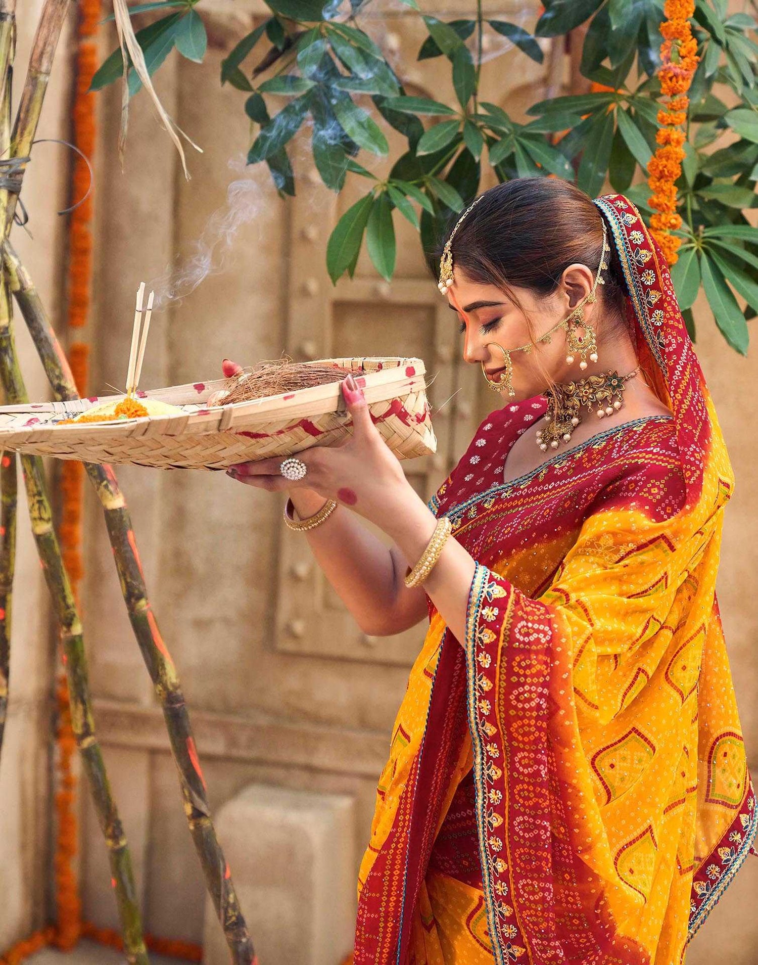 Yellow Georgette Printed Bandhani Saree