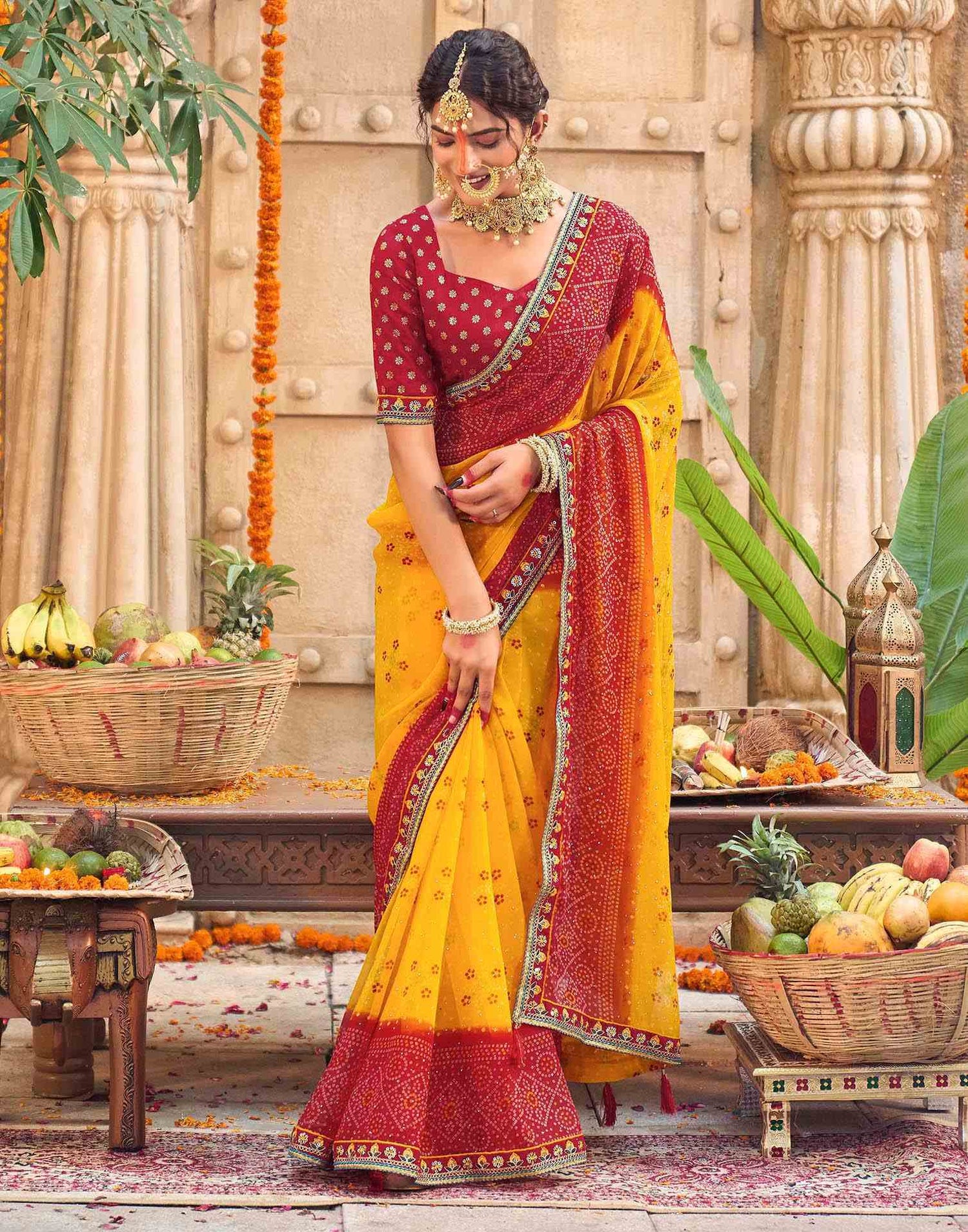 Yellow Georgette Printed Bandhani Saree