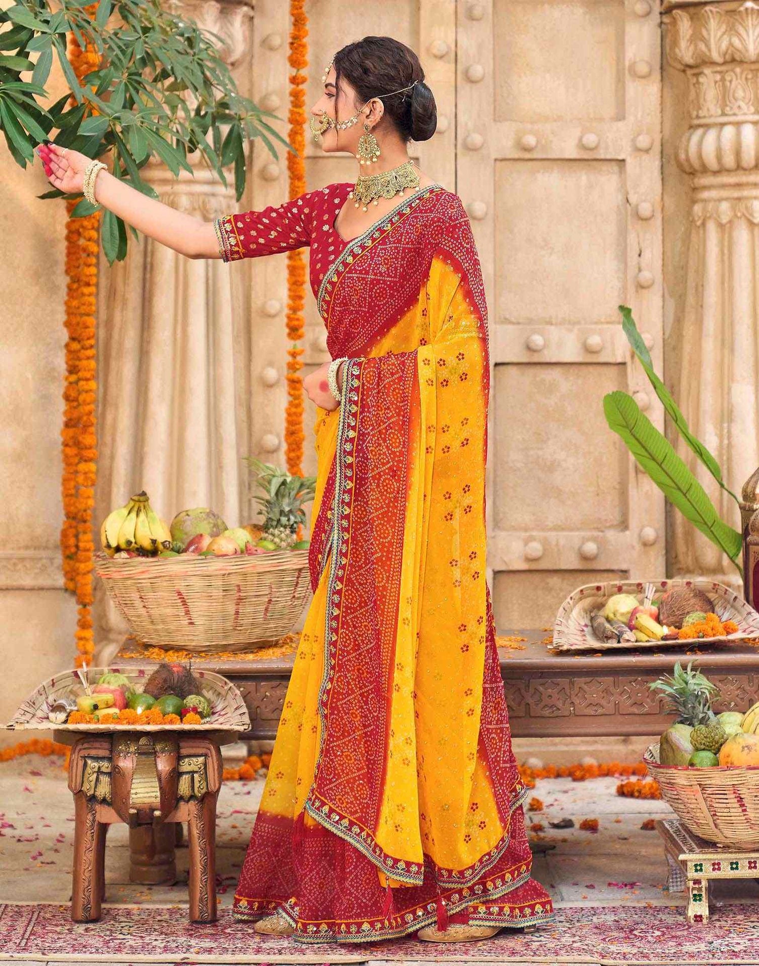 Yellow Georgette Printed Bandhani Saree