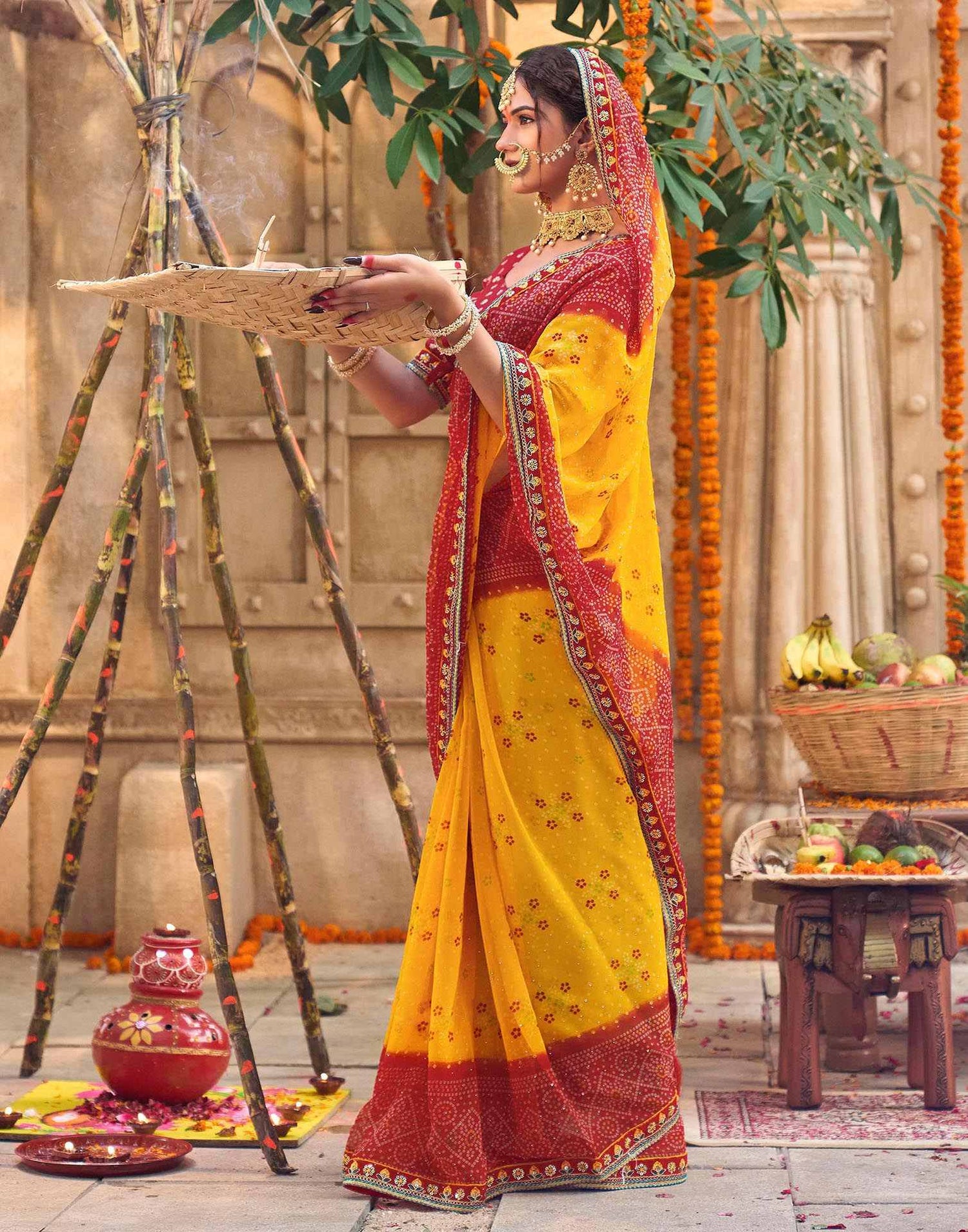 Yellow Georgette Printed Bandhani Saree