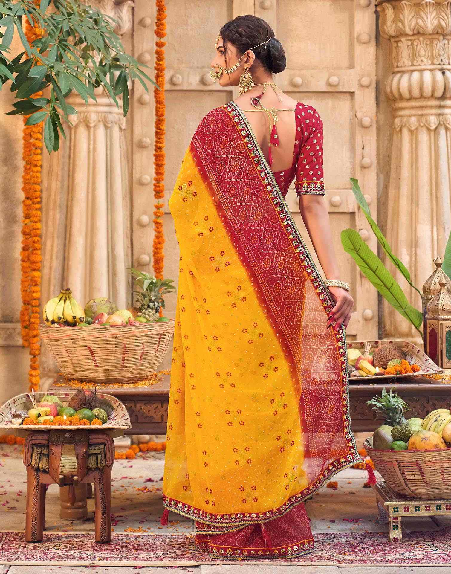 Yellow Georgette Printed Bandhani Saree