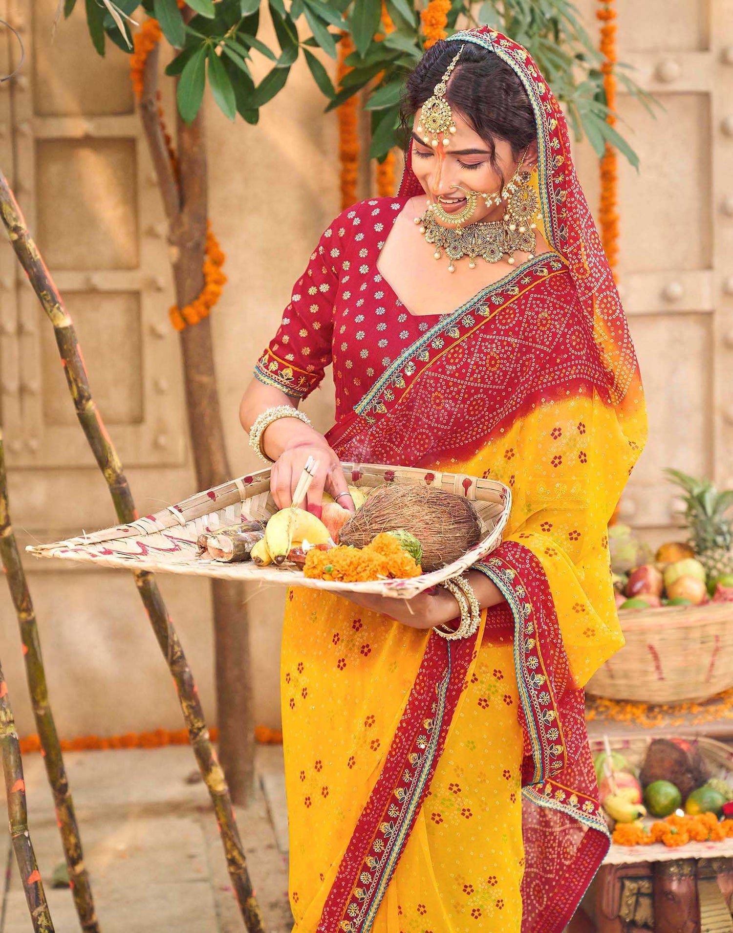 Yellow Georgette Printed Bandhani Saree