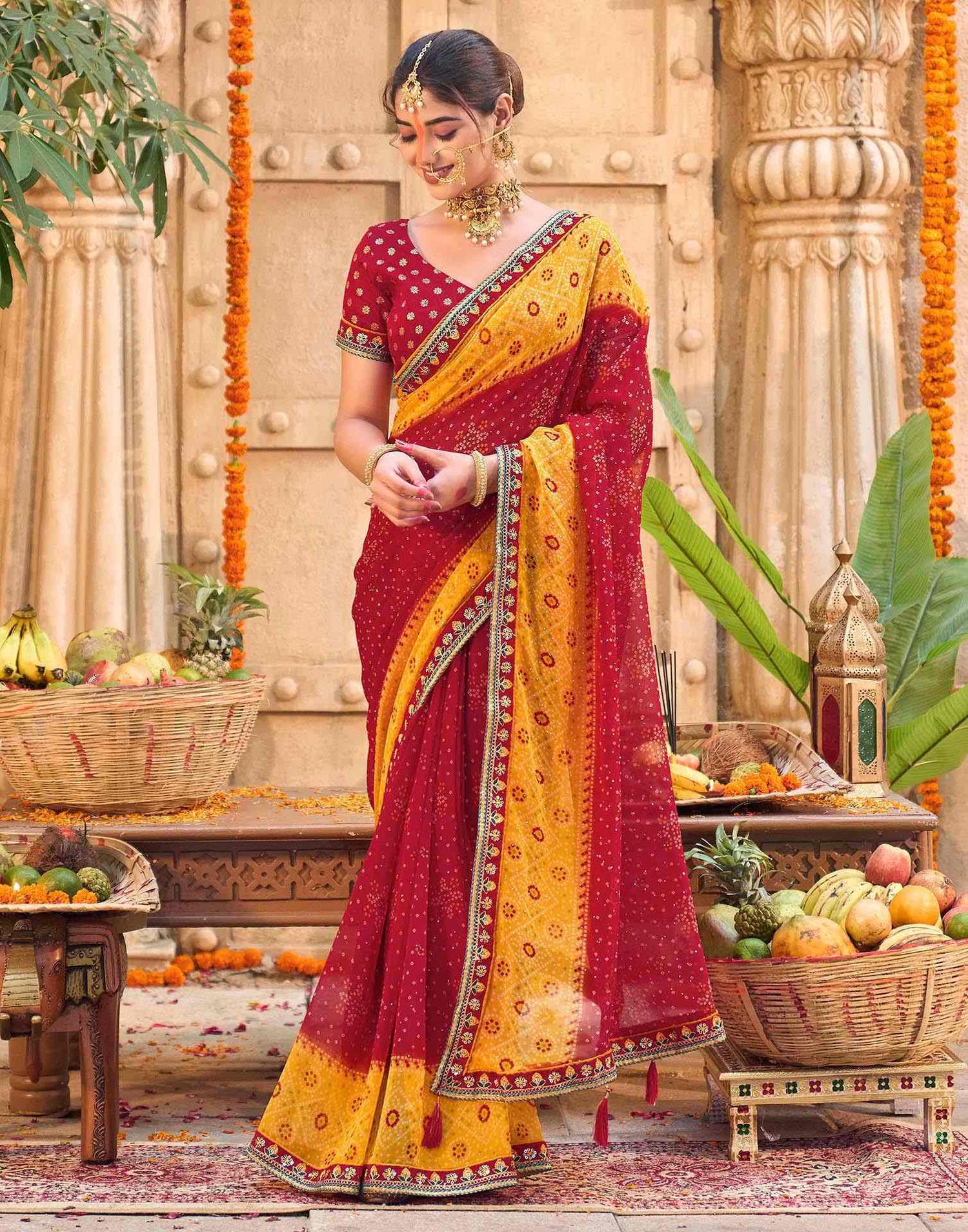 Red Georgette Printed Bandhani Saree