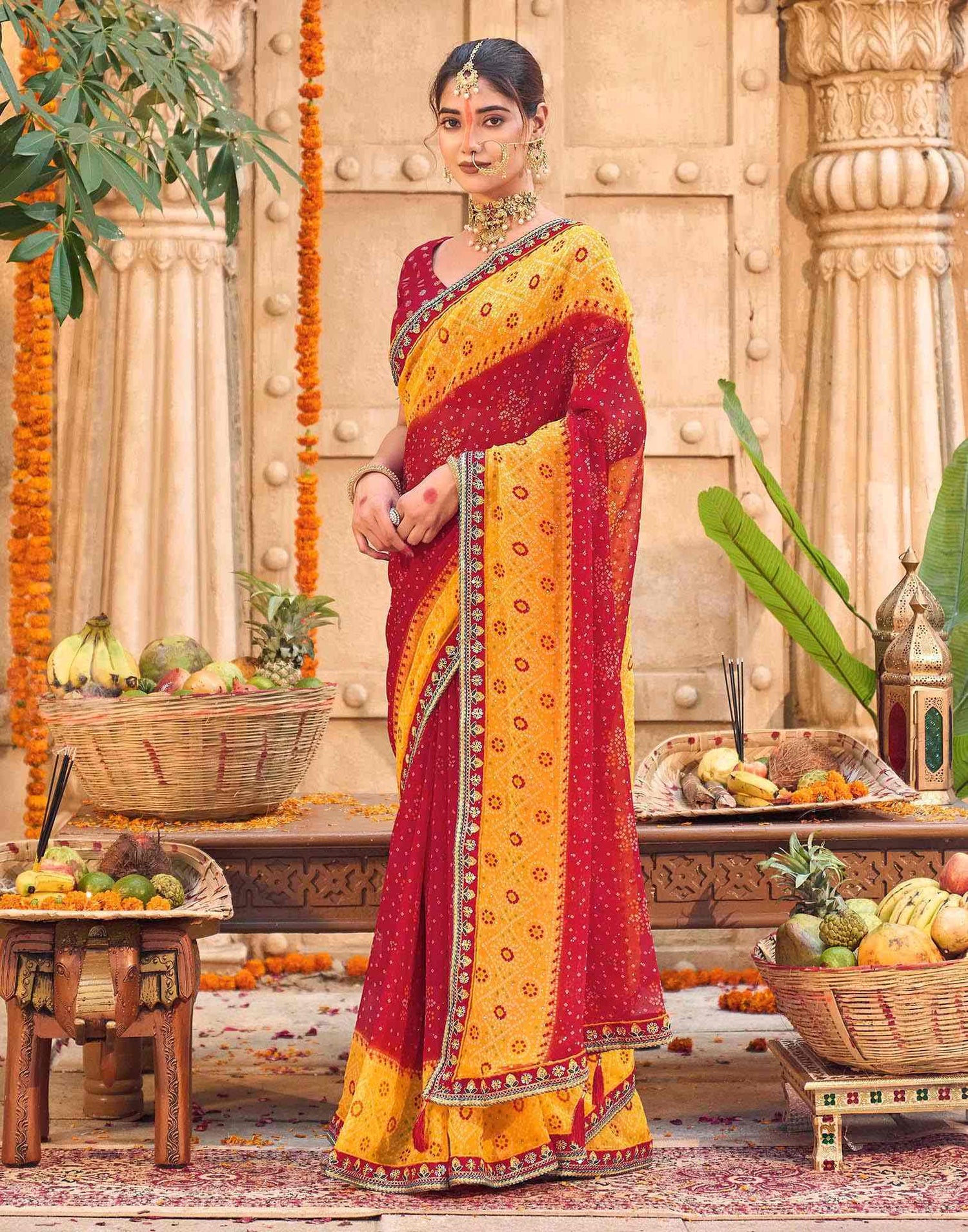 Red Georgette Printed Bandhani Saree