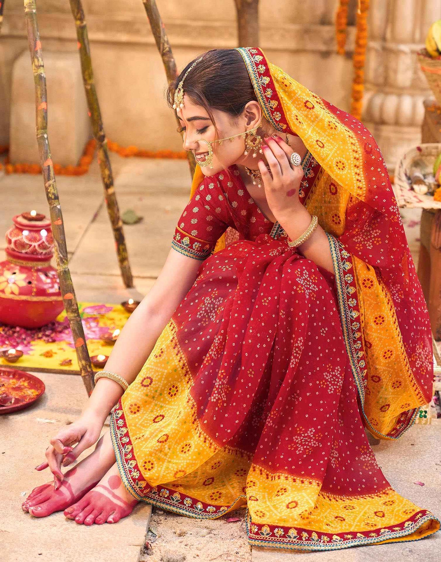 Red Georgette Printed Bandhani Saree