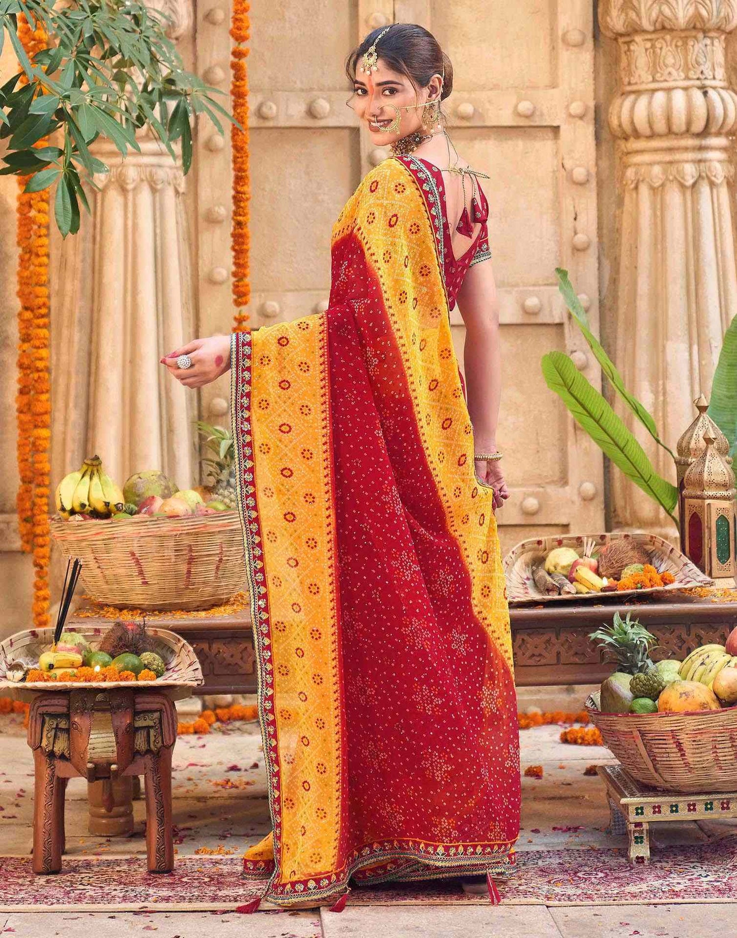 Red Georgette Printed Bandhani Saree