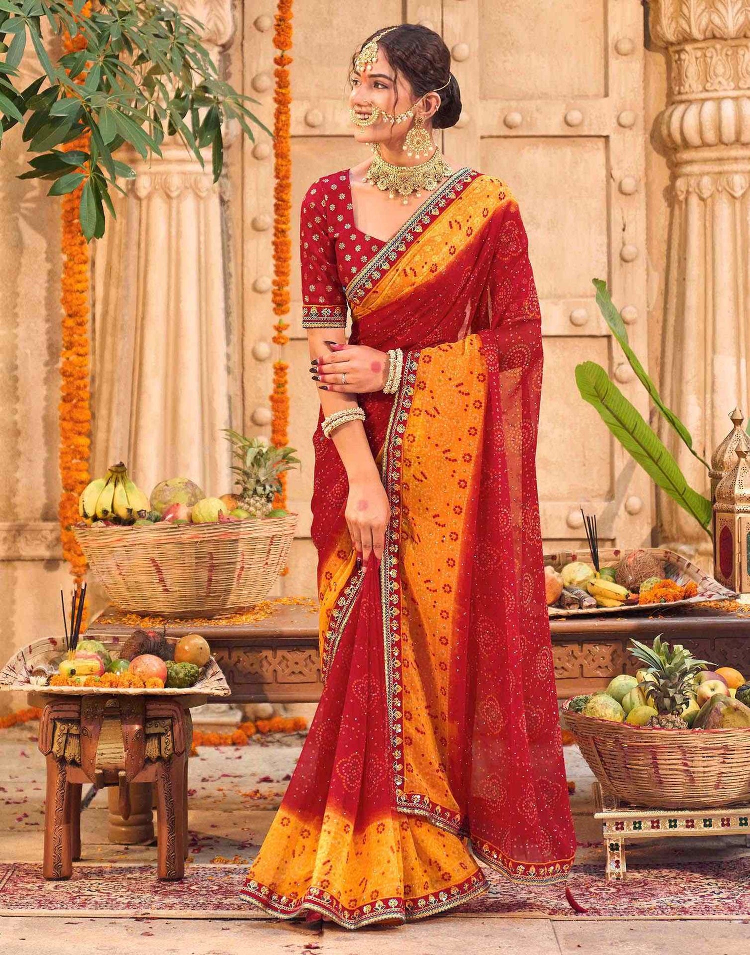 Red Georgette Printed Bandhani Saree