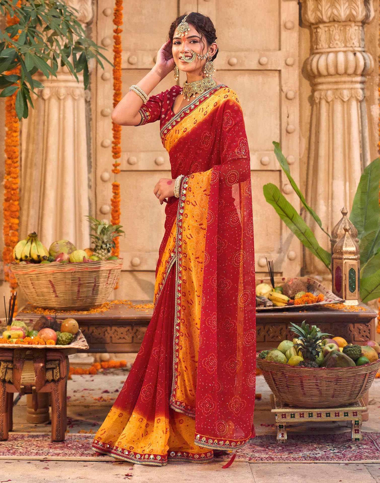 Red Georgette Printed Bandhani Saree