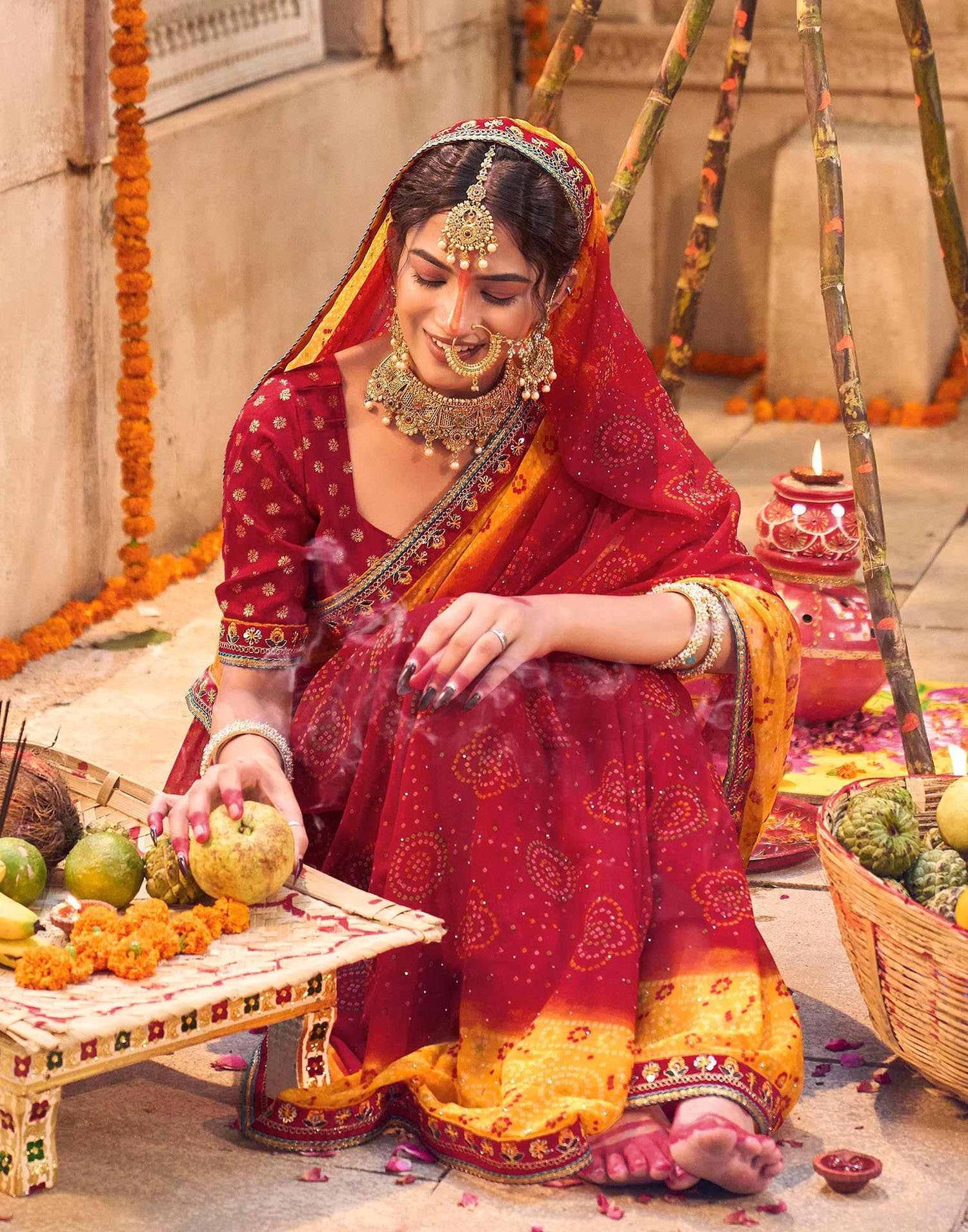 Red Georgette Printed Bandhani Saree